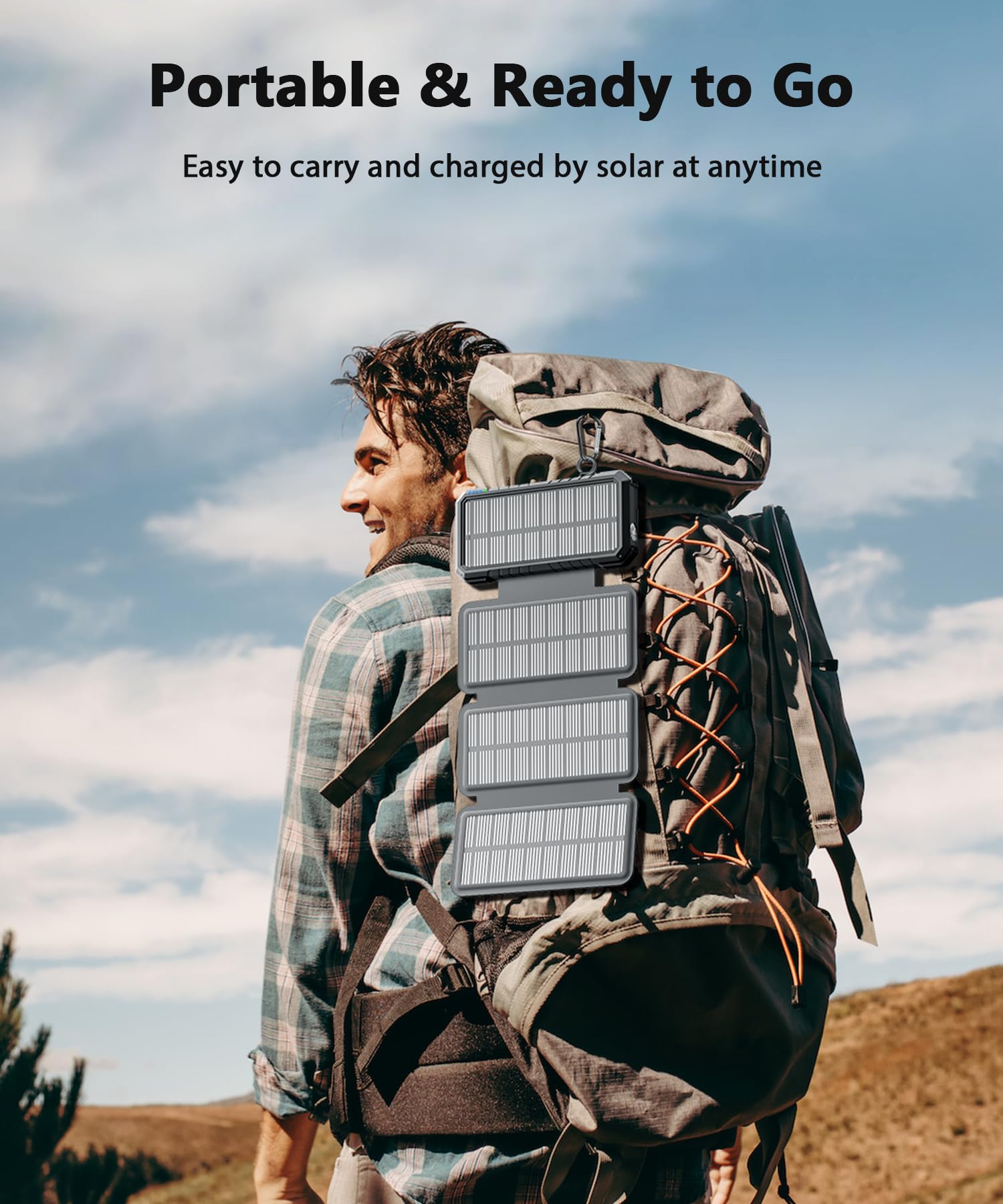 Power Bank Solar 26800mAh con 4 Paneles Solares, Cargador Solar USB-C 18W Carga Rápida con luz de Camping y Linterna (SOS) para Teléfono, Batería Externa para Exteriores Emergencia Apagones