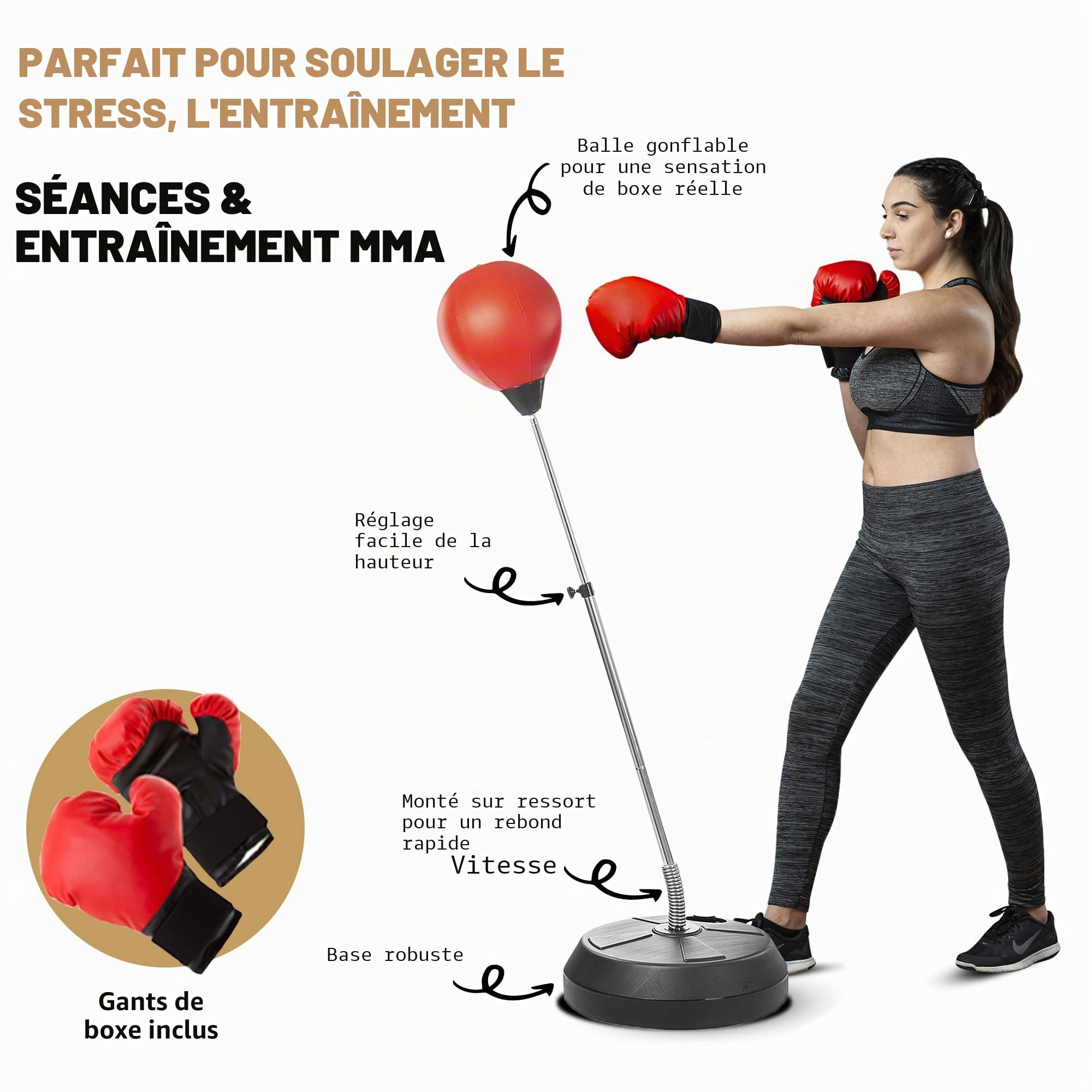 Kit de Boxe avec Ballon de Frappe, Gants, Pompe et Support Réglable – Entraînement Fitness & Réflexes pour Adultes