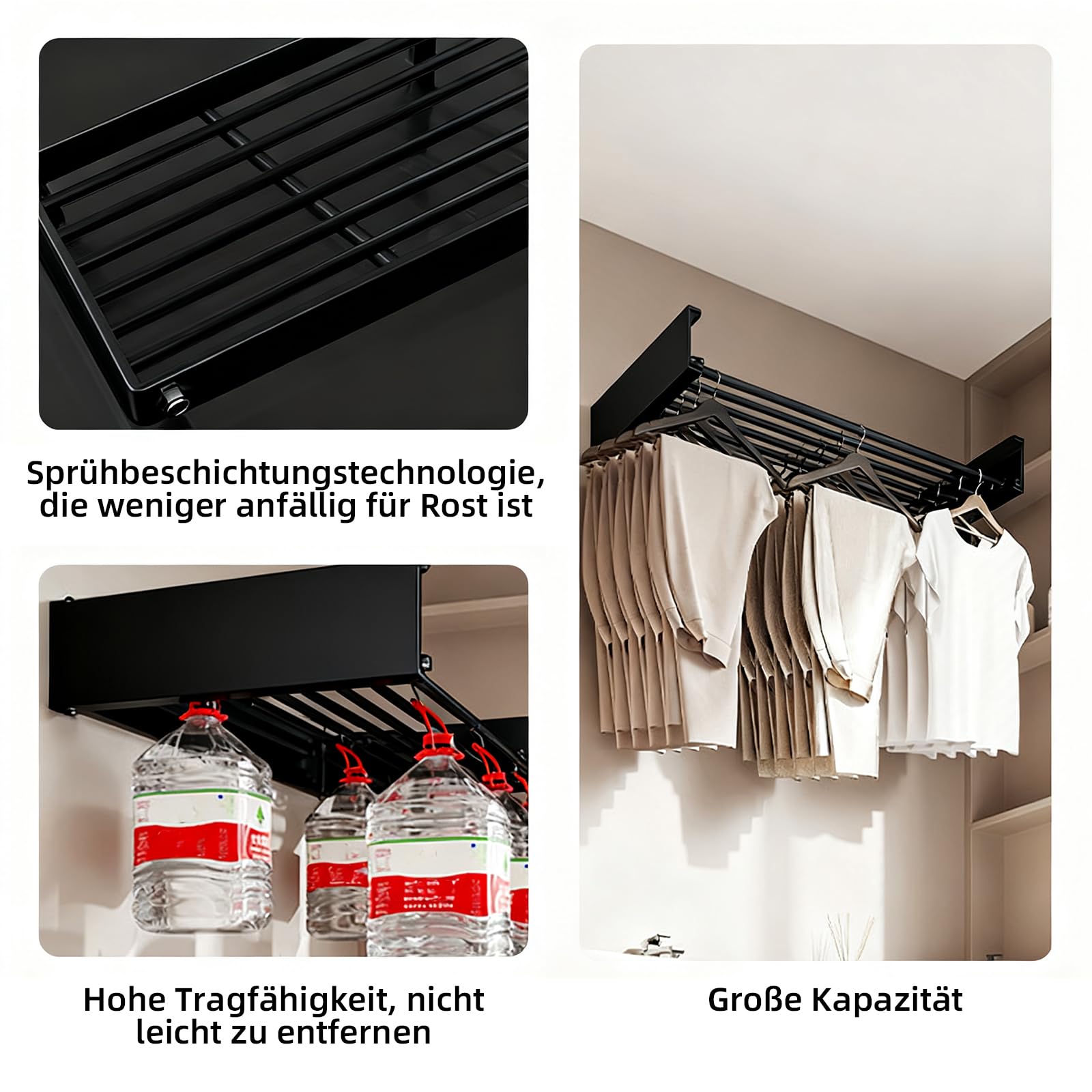 Stendibiancheria da parete con 4 aste, da 50 cm, allungabile, pieghevole, in acciaio al carbonio, salvaspazio, per bagno, balcone, terrazza (nero con gancio)