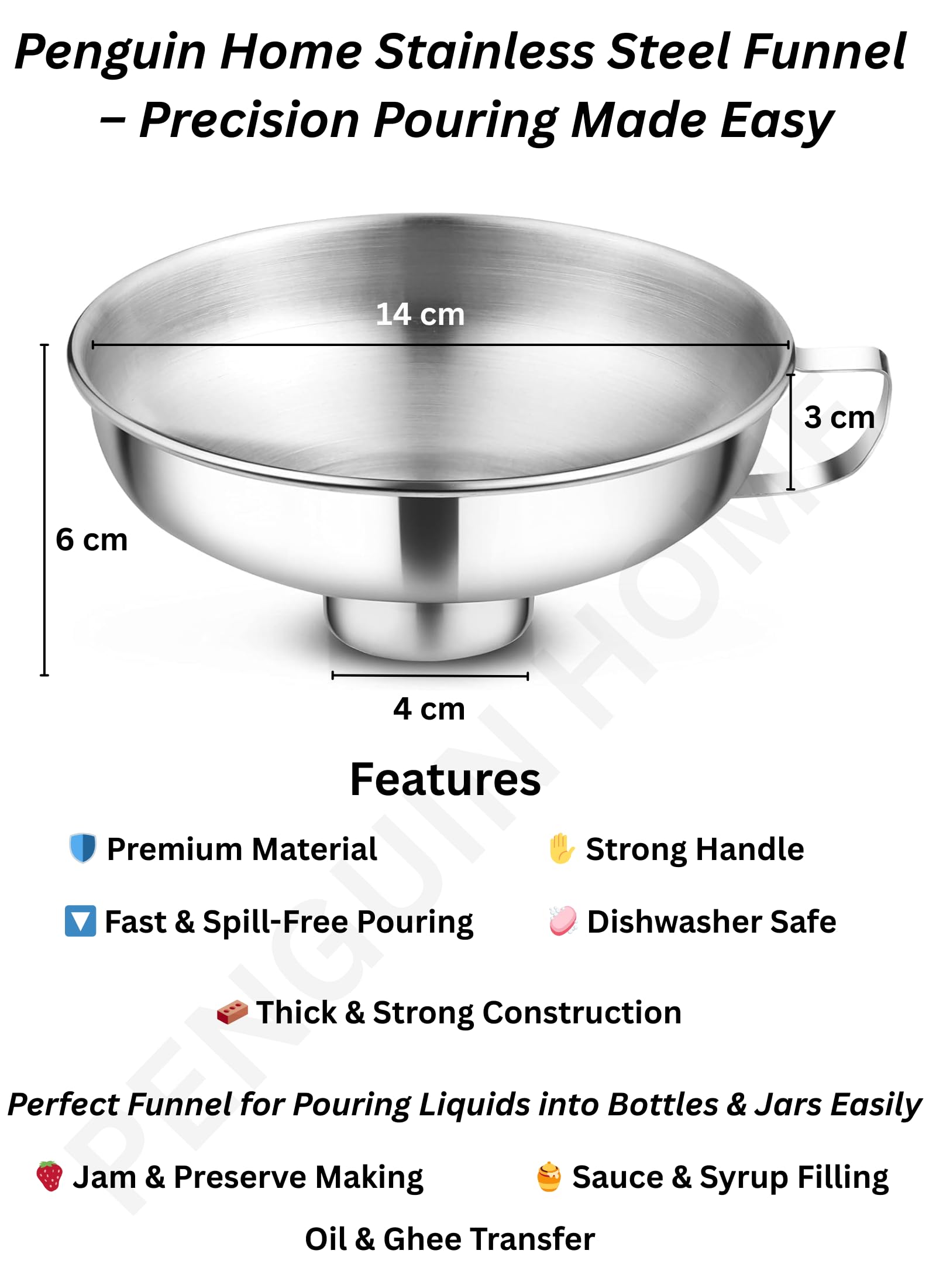 Penguin Home Sartén de 5 L con embudo de mermelada de cuello ancho de 14 cm, olla de acero inoxidable con embudo de conservas de acero para conservar, sartén combinada y embudo de mermelada con mango