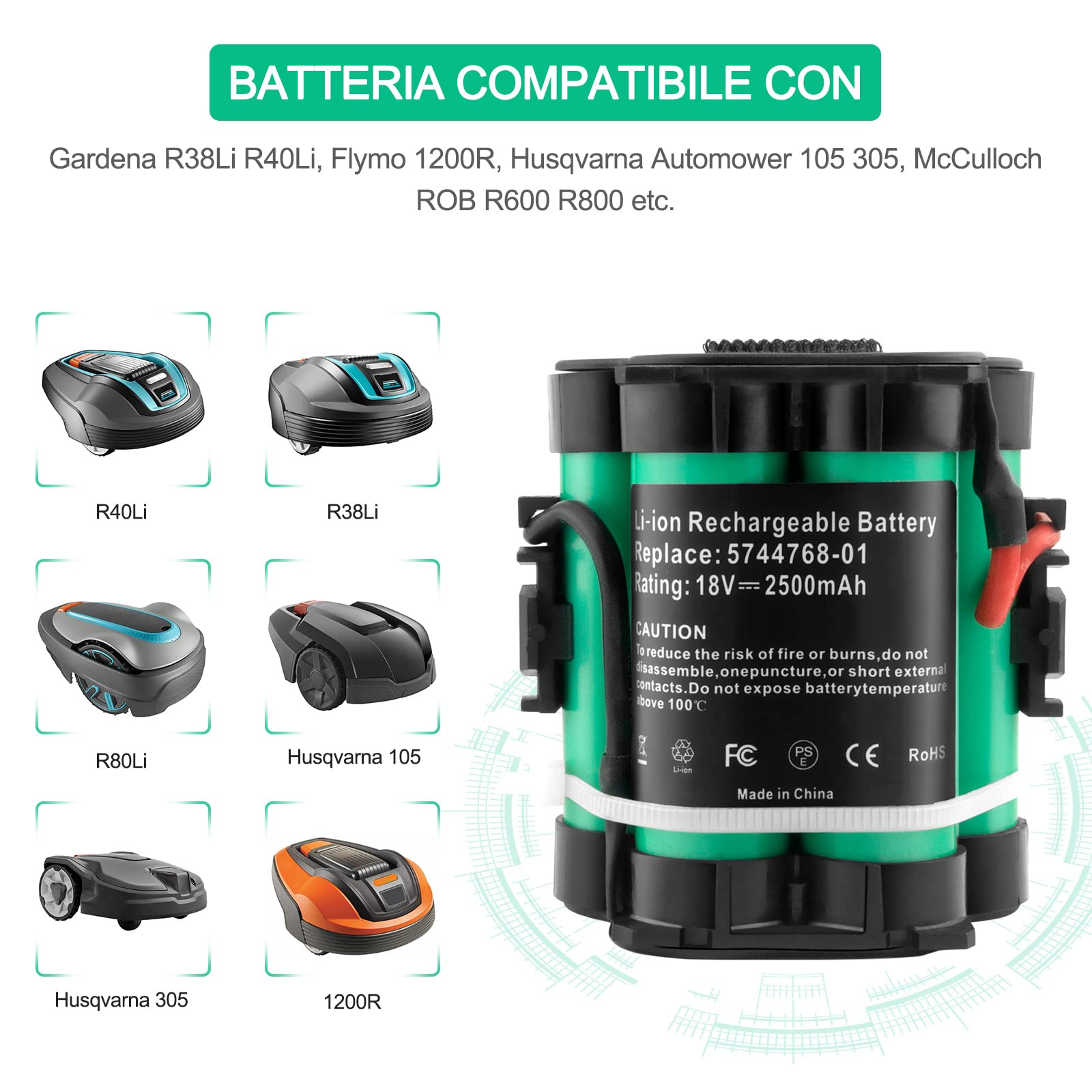 18V 2500mAh 5744768-01 Batteria per Gardena 124562 R38Li R50Li R75li Mahroboter R40Li R45Li R70Li R80Li Flymo 1200R Husqvarna Automower 105 305 McCulloch ROB R600 R800