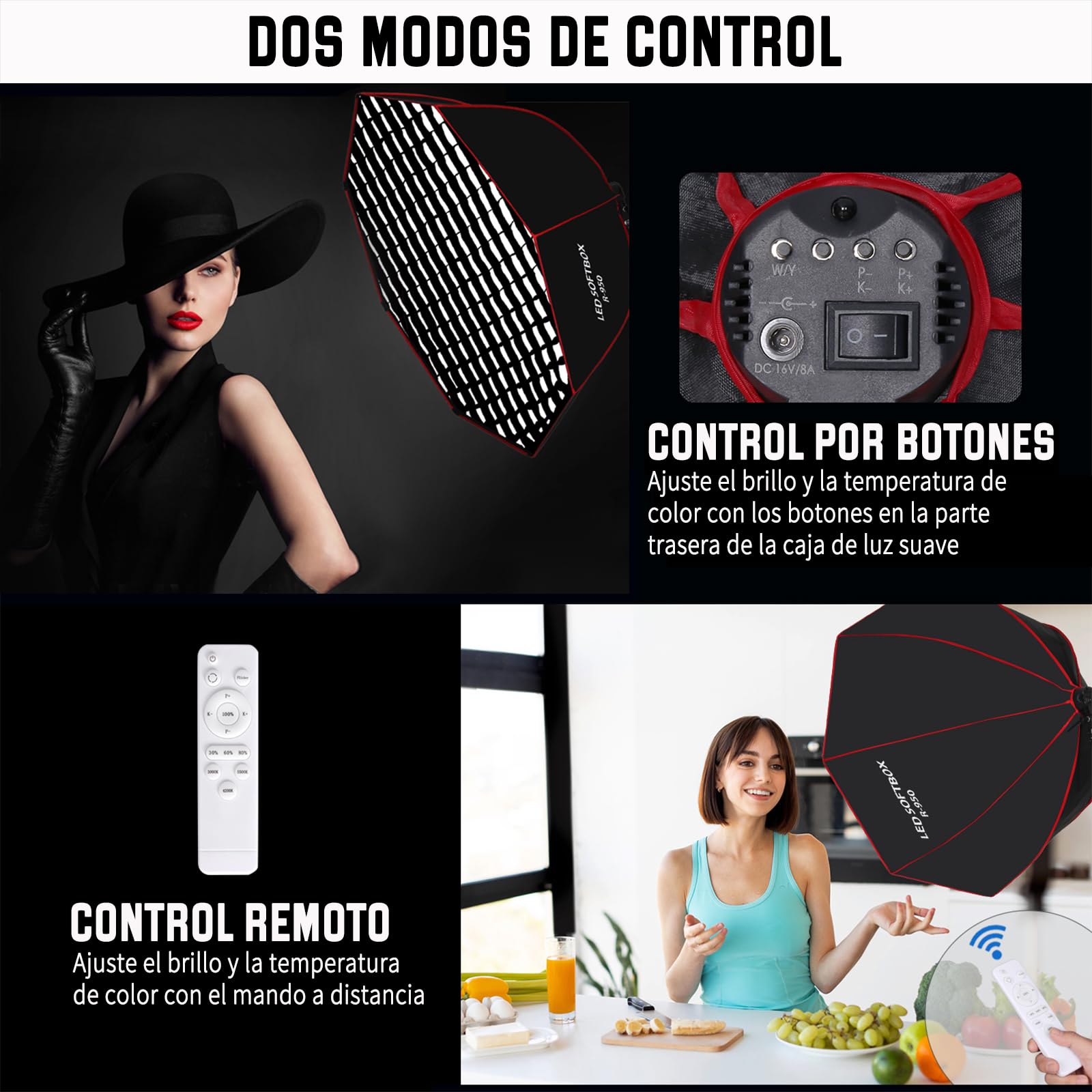 110W Softbox - Kit de iluminación para fotografía (95 cm, parabólico octogonal, rejilla de panal, mando a distancia, soporte de luz, para fotografía, estudio, fotografía de retratos