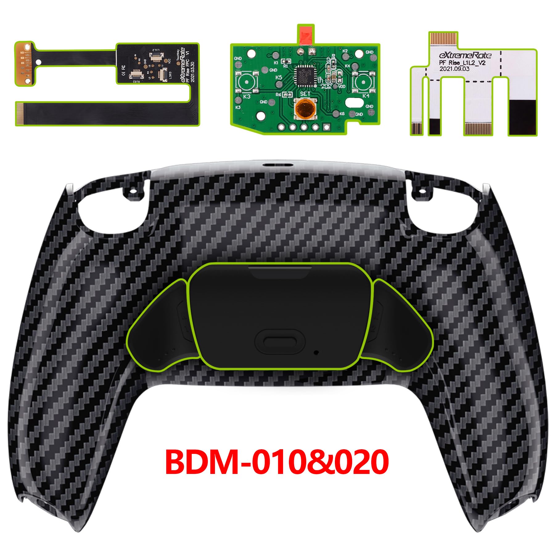 eXtremeRate Graphit-Kohlefaser-Muster Rise 2.0 Remap-Kit für PS5-Controller BDM-010 BDM-020, Upgrade-Board und neu gestaltete Rückschale und Rücktasten, Controller Nicht im Lieferumfang enthalten