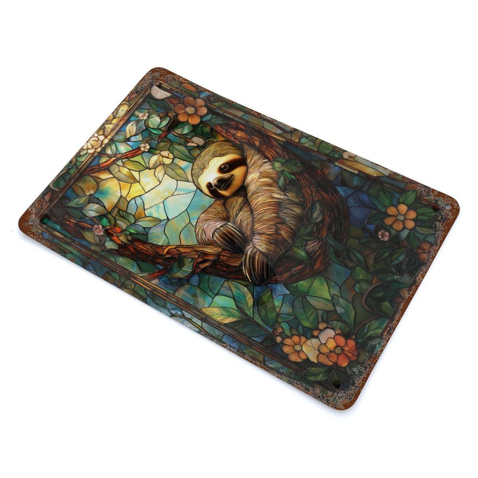 Weathered Tin Sign Stained Glass Sloth 11.8"x7.9", Rustic Home Decor for Bistro, Counter And Cafe Decor