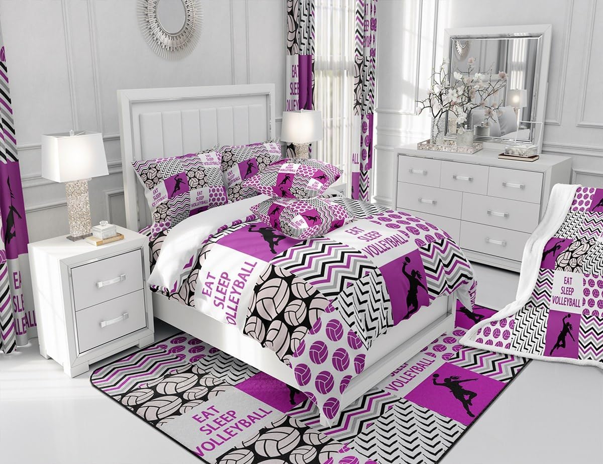 Feelyou Volleyball Comforter Twin Size with 1 Pillow Case Girls Volleyball Comforter Set Sport Game Bedding Set Ball Purple Quilted Duvet Set for Boys Girls Kids Adults