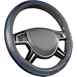 Protector De Volante De Carro Amazon Basics - Cubierta para volante de cuero sintético, 38 cm (38,1 cm), negro y azul
