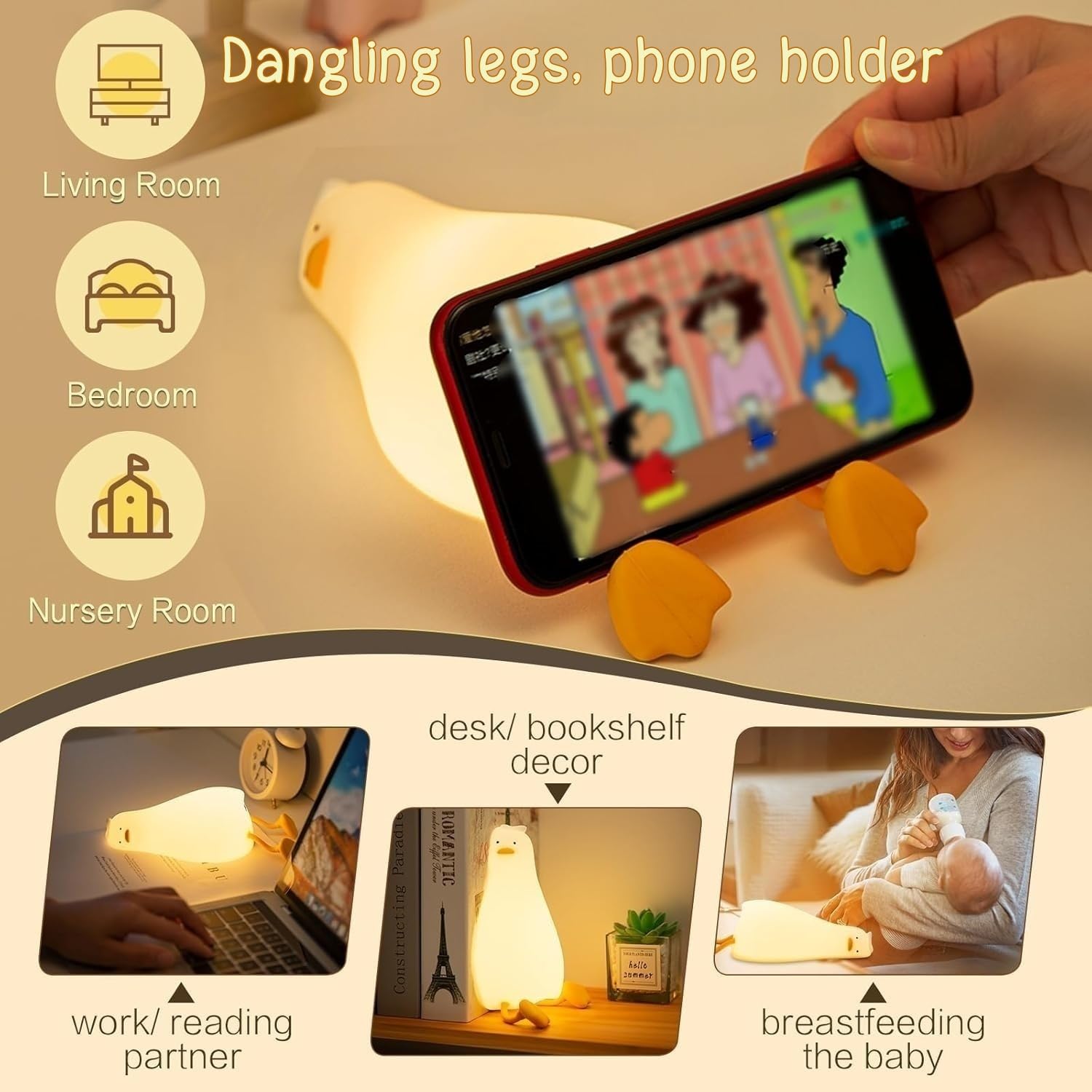 YR YRHH-PET Existential Crisis Duck Lamp, Squishy Kid Cute Lying Flat Duck Night Light, Rechargeable Ducky Lay Touch Lamp, College White Elephant Gifts, Boy Girl Fun Birthday Gift, Safe Silicone Decor