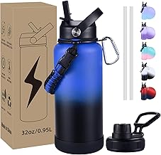 Insulated Water Bottle, 32 oz Stainless Steel Wide Mouth Water Bottles with 2 Leak Proof Lid and Paracord Handle, Double Wall Vacuum Insulated Sports Water Bottle, Blue Black