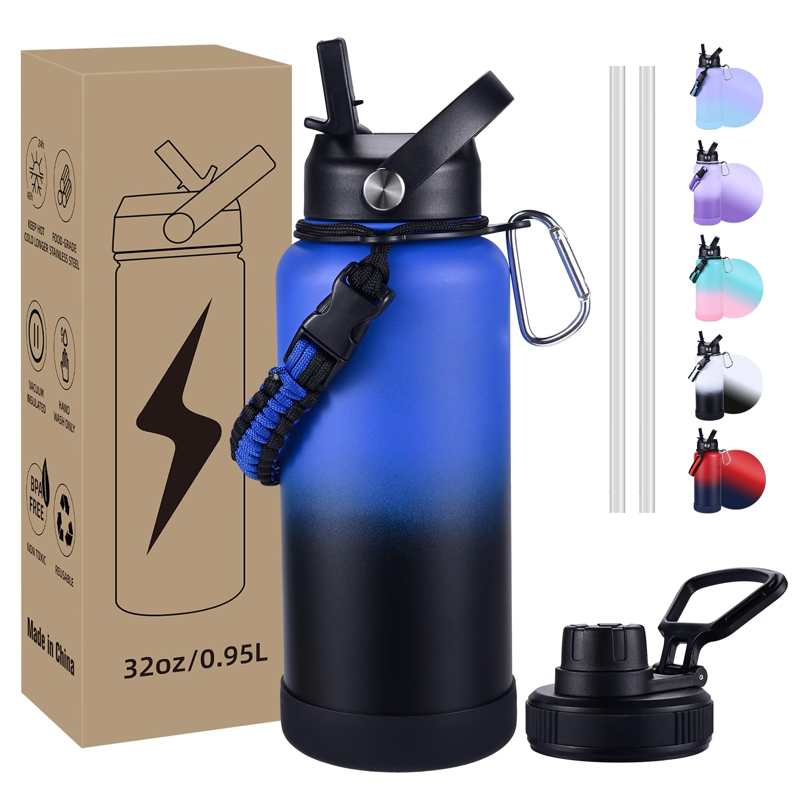 CoolSub Insulated Water Bottle, 32 oz Stainless Steel Wide Mouth Water Bottles with 2 Leak Proof Lid and Paracord Handle, Double Wall Vacuum Insulated