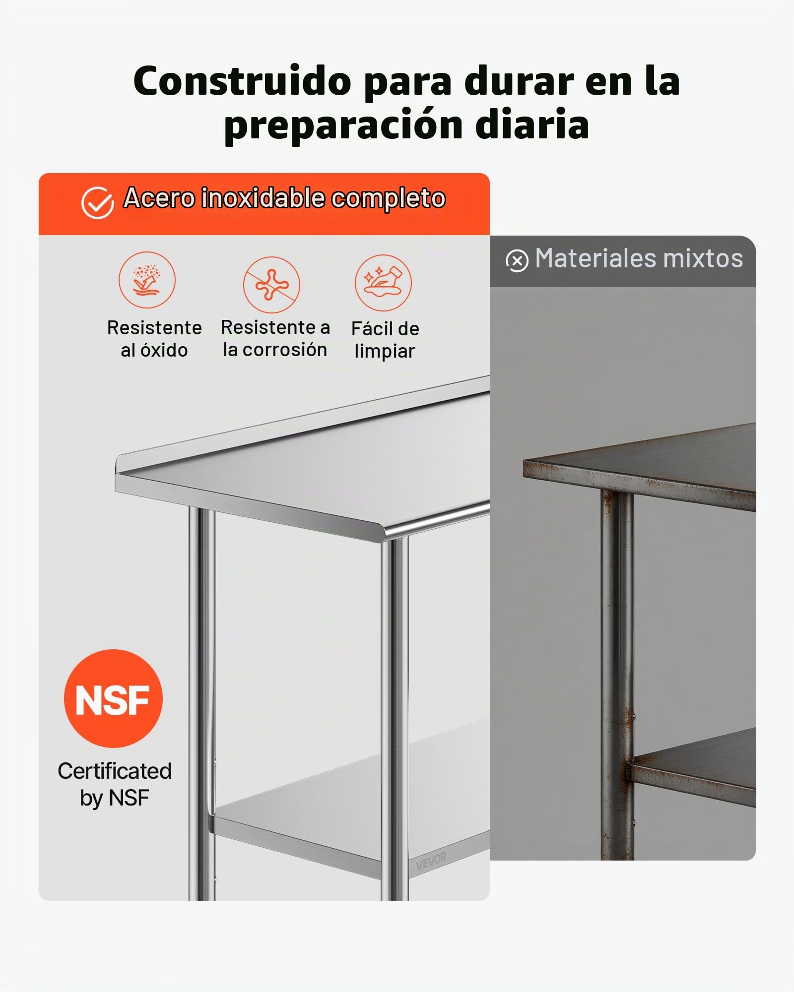 VEVOR Mesa de Trabajo de Acero Inoxidable 2 Niveles, Mesa de Preparación de Alimentos 91,5x61x89,4 cm, Estante Inferior Ajustable, Protector contra Salpicaduras, para Restaurantes, Bares, Hoteles