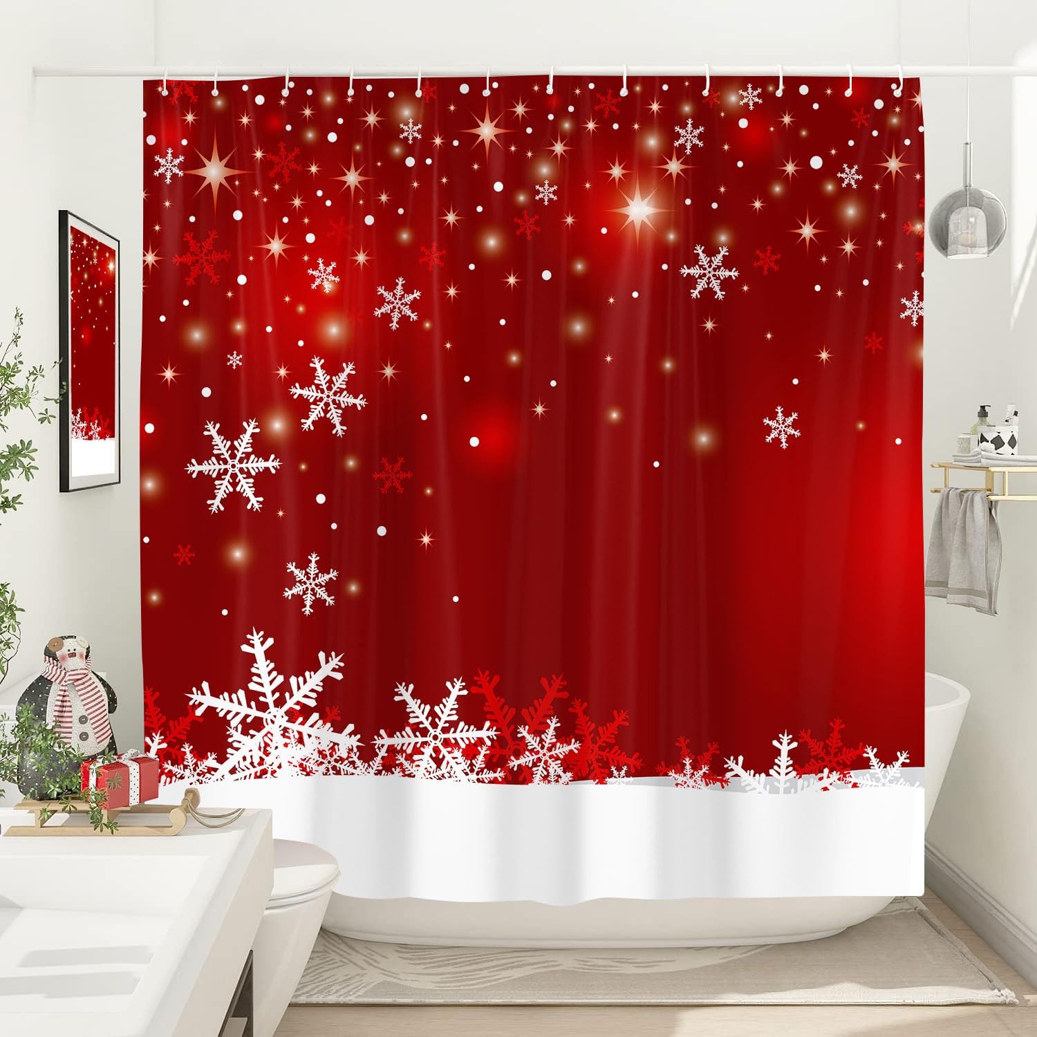 Emwnodti Christmas Snowflake Shower Curtains, Red Winter