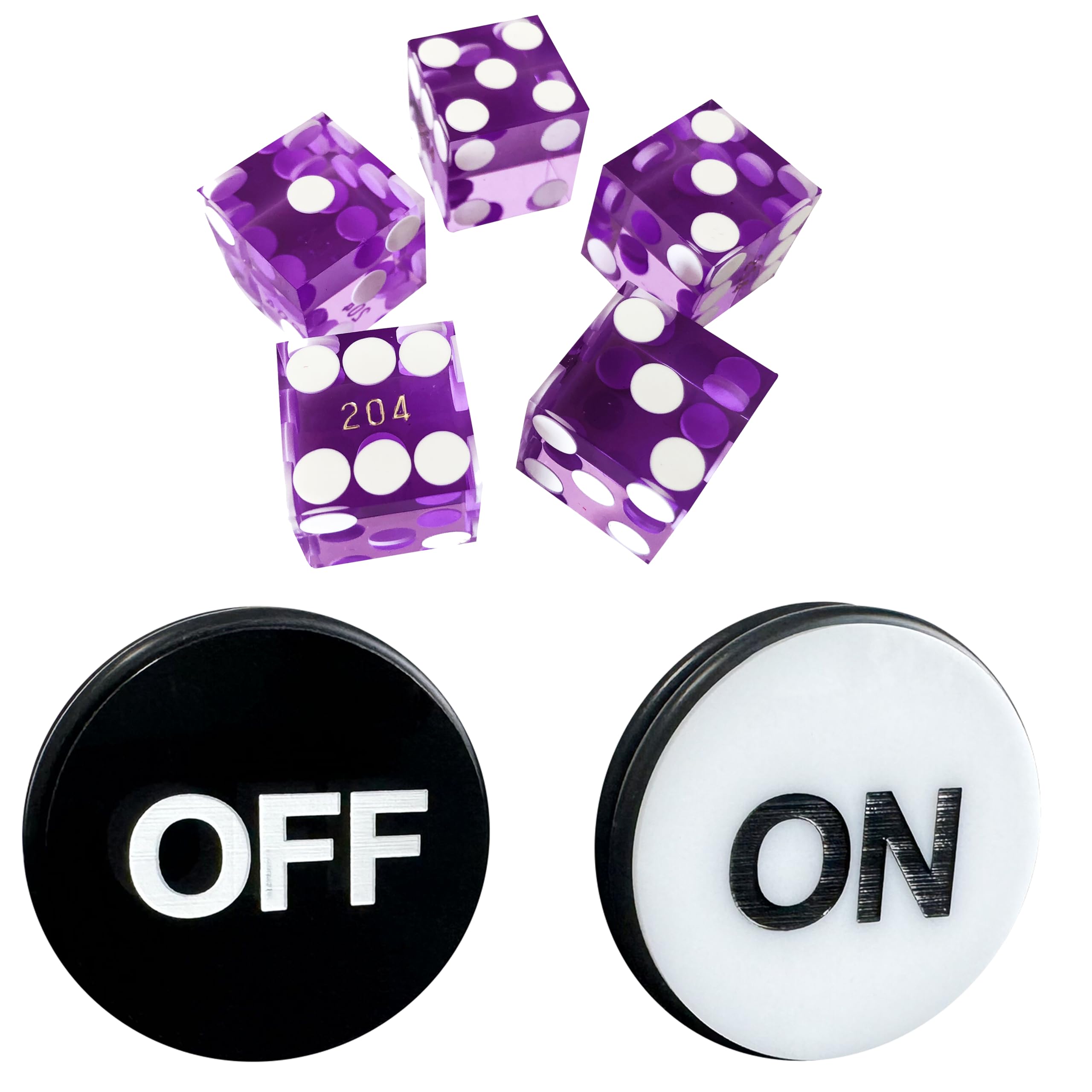 Yuanhe Casino Craps Dice Set - Including 19mm Purple Precision Serialized Casino Dice Set of 5 and 3-Inch Craps On/Off Dealer Puck Button