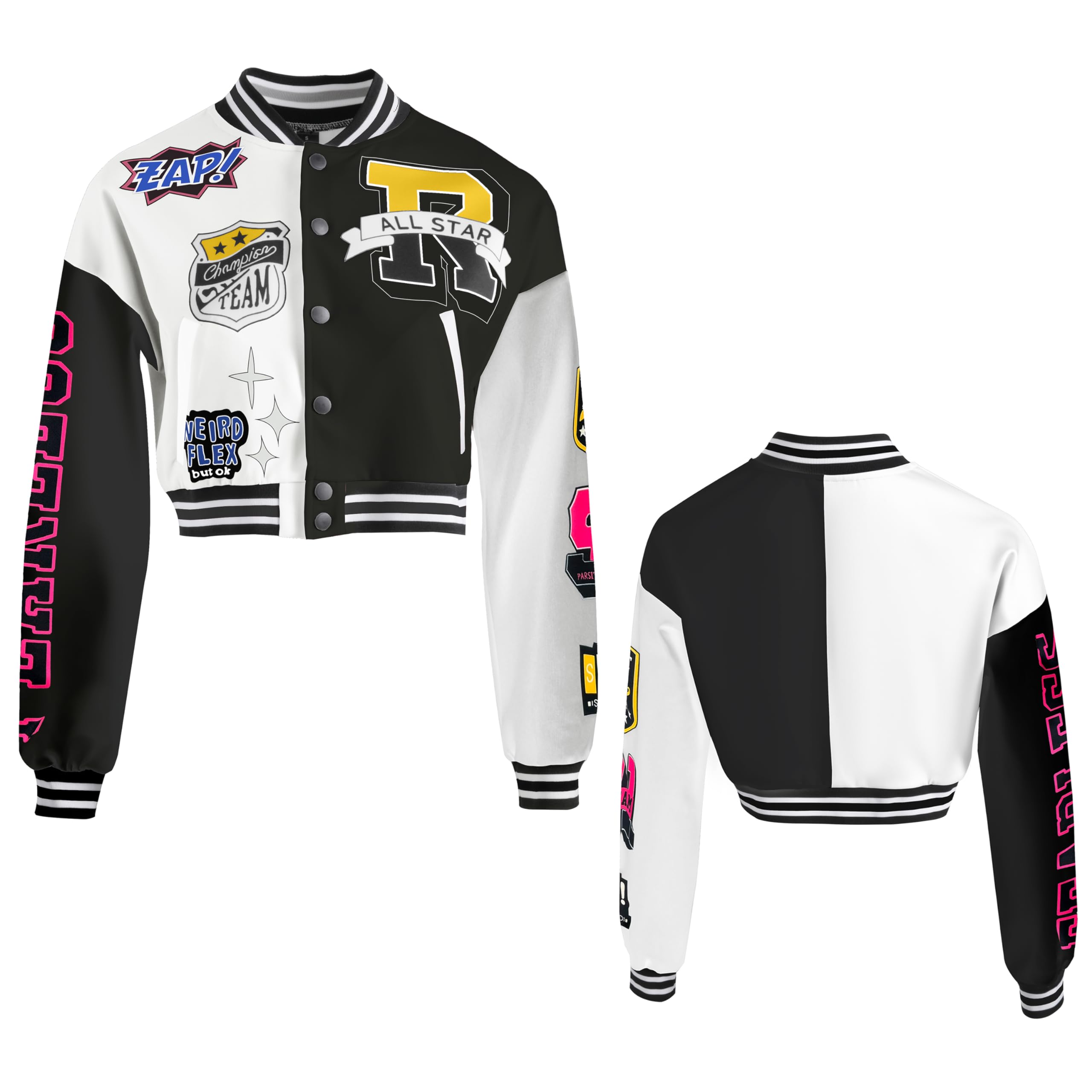 2 xlNICNZQI Girls Crop Varsity Jacket Print Color Block Bomber Jacket Casual Button Down Baseball Coats