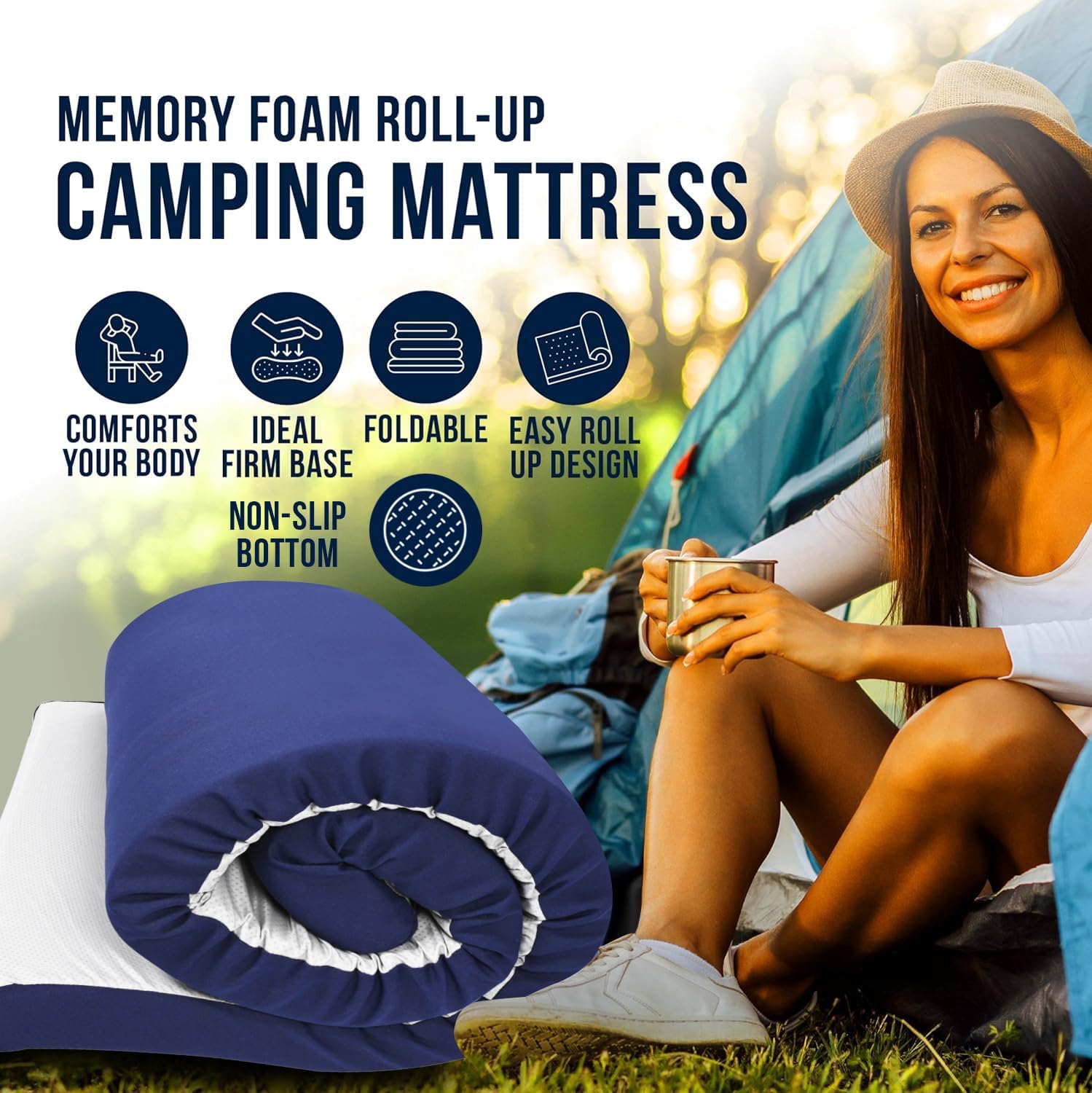 Foamma 4" x 38" x 75" Memory Foam Roll-Up Camping Mattress with Water Resistant Zipper Cover, Foldable and Portable for Camping, RV Bunk, Tent, Guest Bed, Outdoor and Dorm, CertiPUR-US Certified Foam