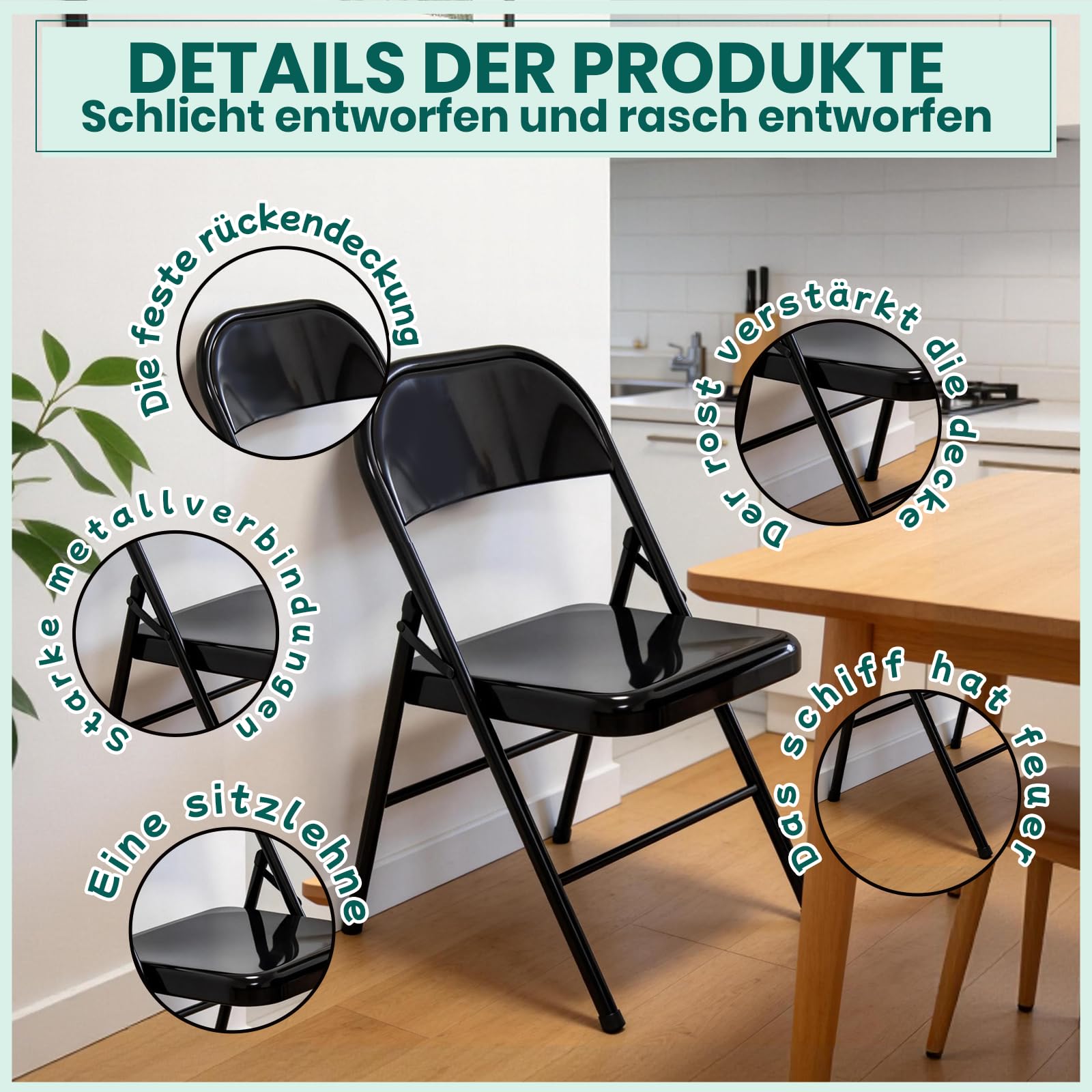 Vollstahl-Klappstuhl 4er Set, Schwerlast-Metallklappstuhl, Ergonomische Rückenlehne, Leicht&platzsparend, Tragfähigkeit 150 kg, Tragbarer Stuhl für Zuhause, Büro, Party, Hochzeit (4, Schwarz)