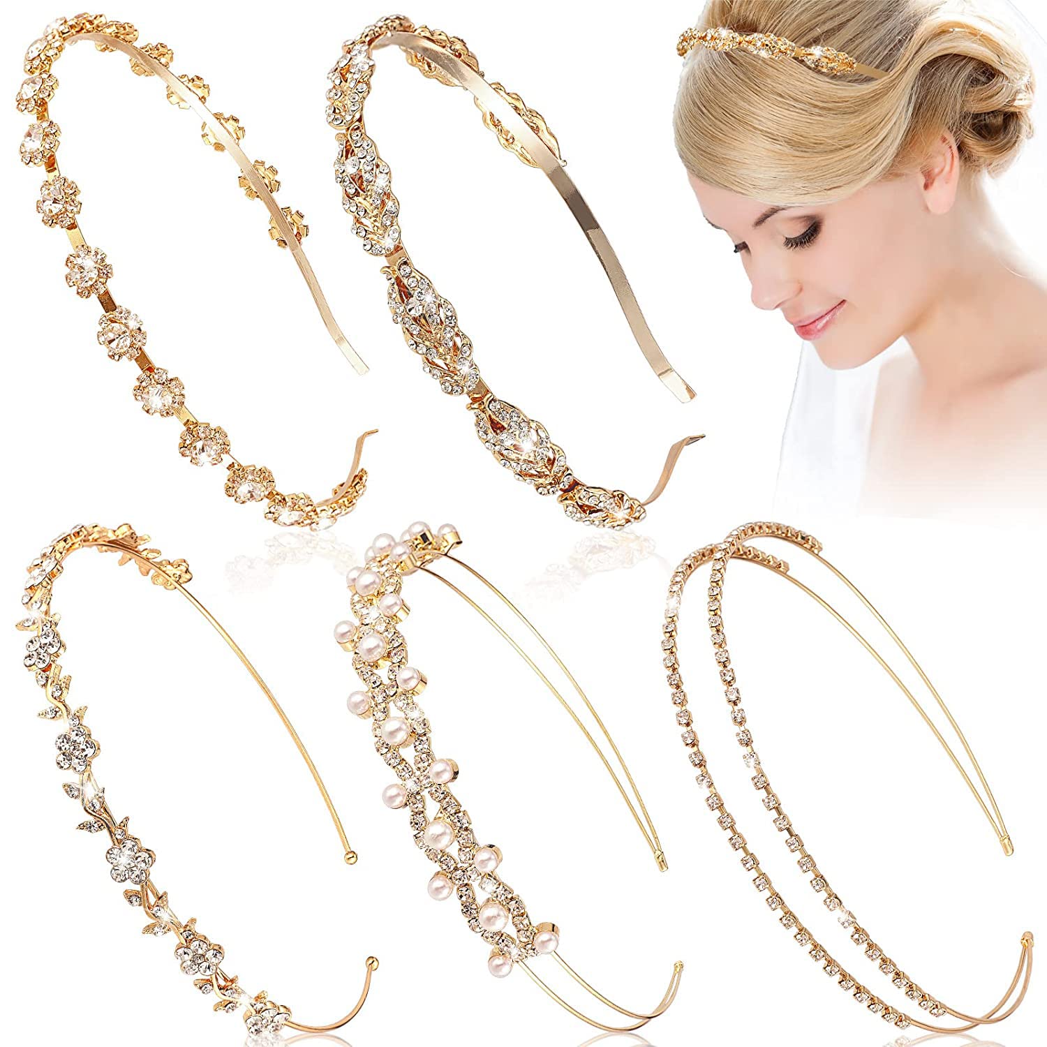 5 Pieces Rhinestones Headbands, Flower Leaves Crown Headband Gold Wedding Hair Accessories for Brides Thin Bridal Faux Pearl Hair Band Headdress Headpiece Tiara for Bridesmaids Women Girl Party