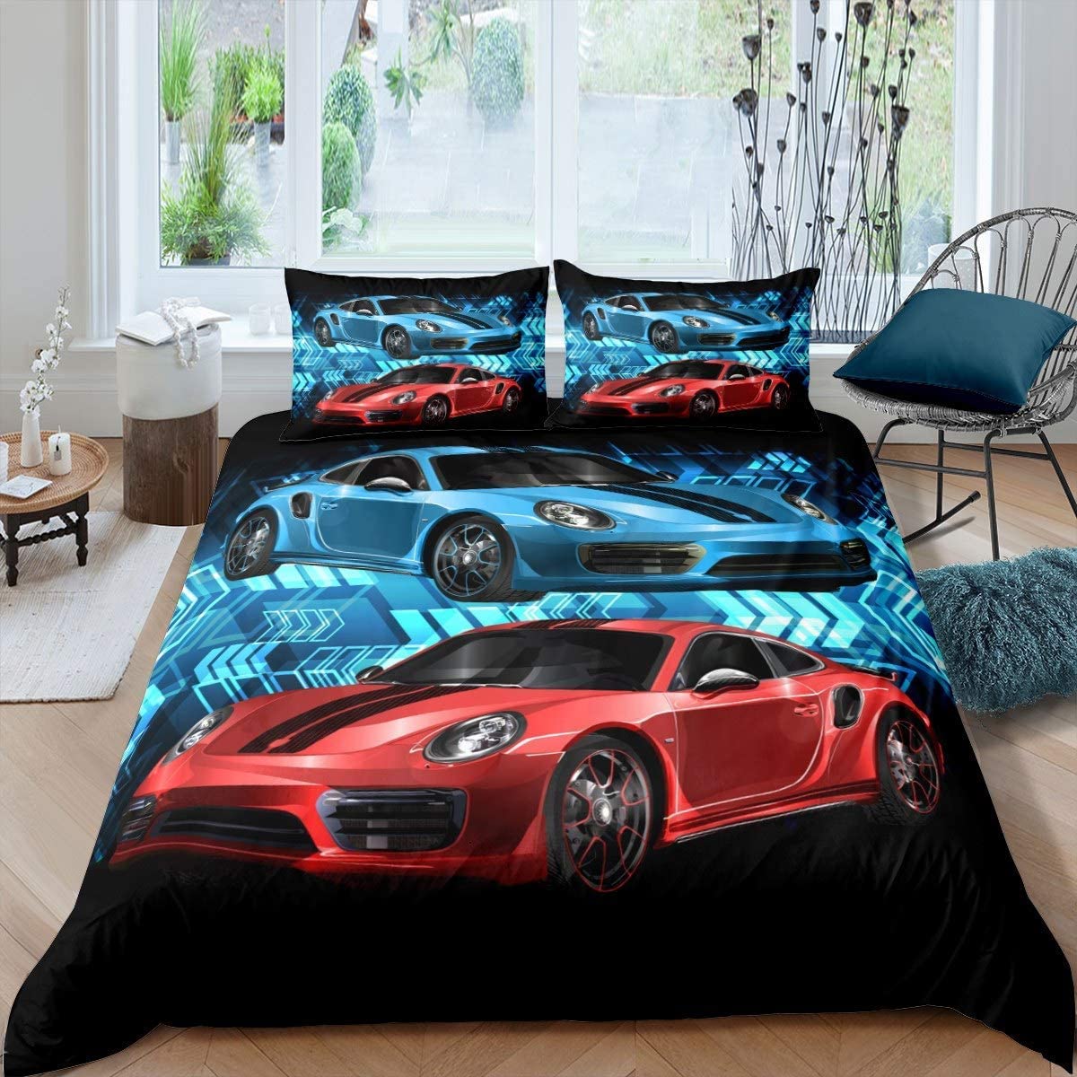 Juego de cama Coches 200x200cm Flecha Funda de edredón Juego de ropa de cama de Coche Deportivo Racing Coche Deportivo Rojo Azul Negro Transpirable Dormitorio Decoración Brillante