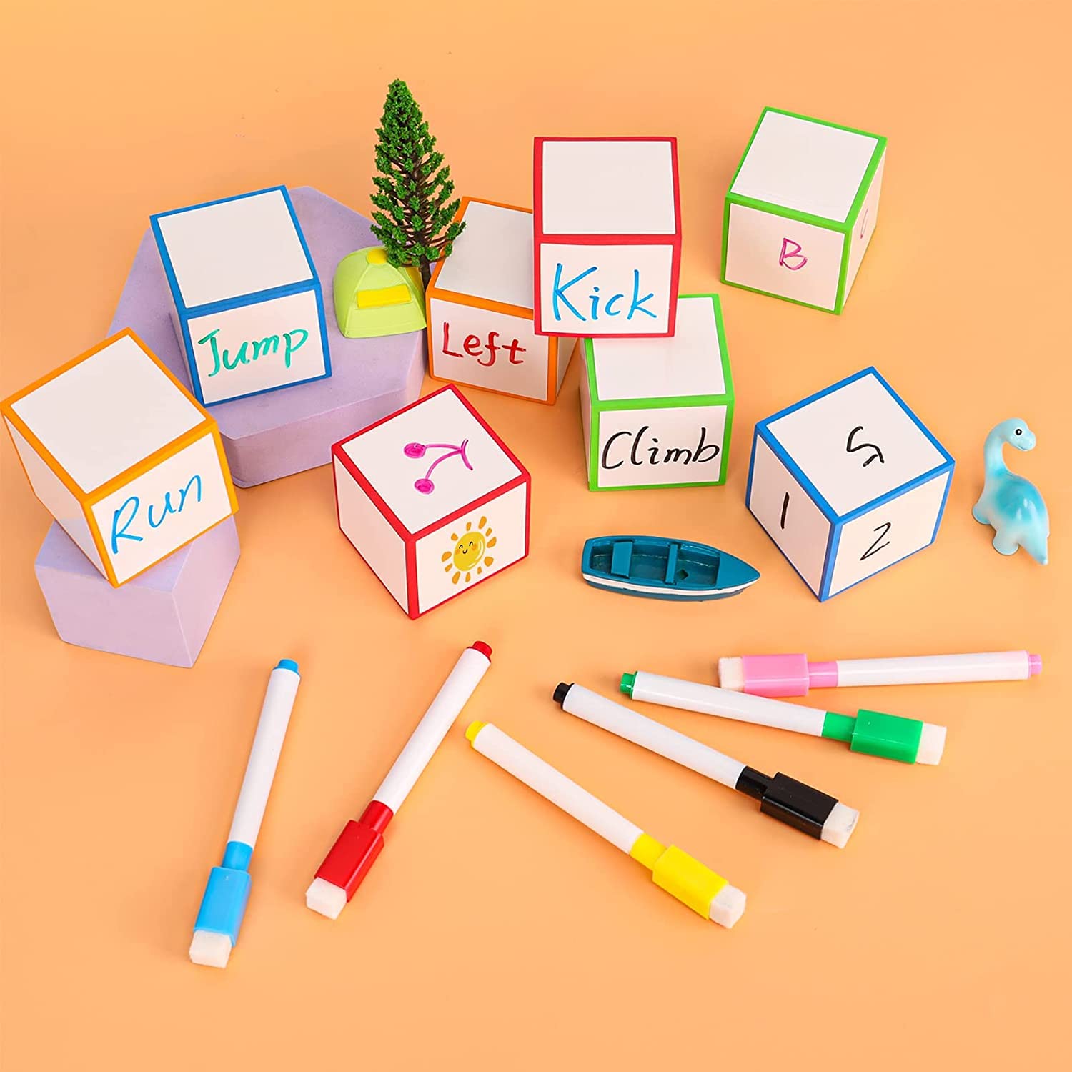 Juego de 16 bloques de borrado en seco, dados de espuma en blanco, cubos de borrado en seco con 5 rotuladores coloridos para juegos, matemáticas, aula, escuela, herramientas de aprendizaje primario