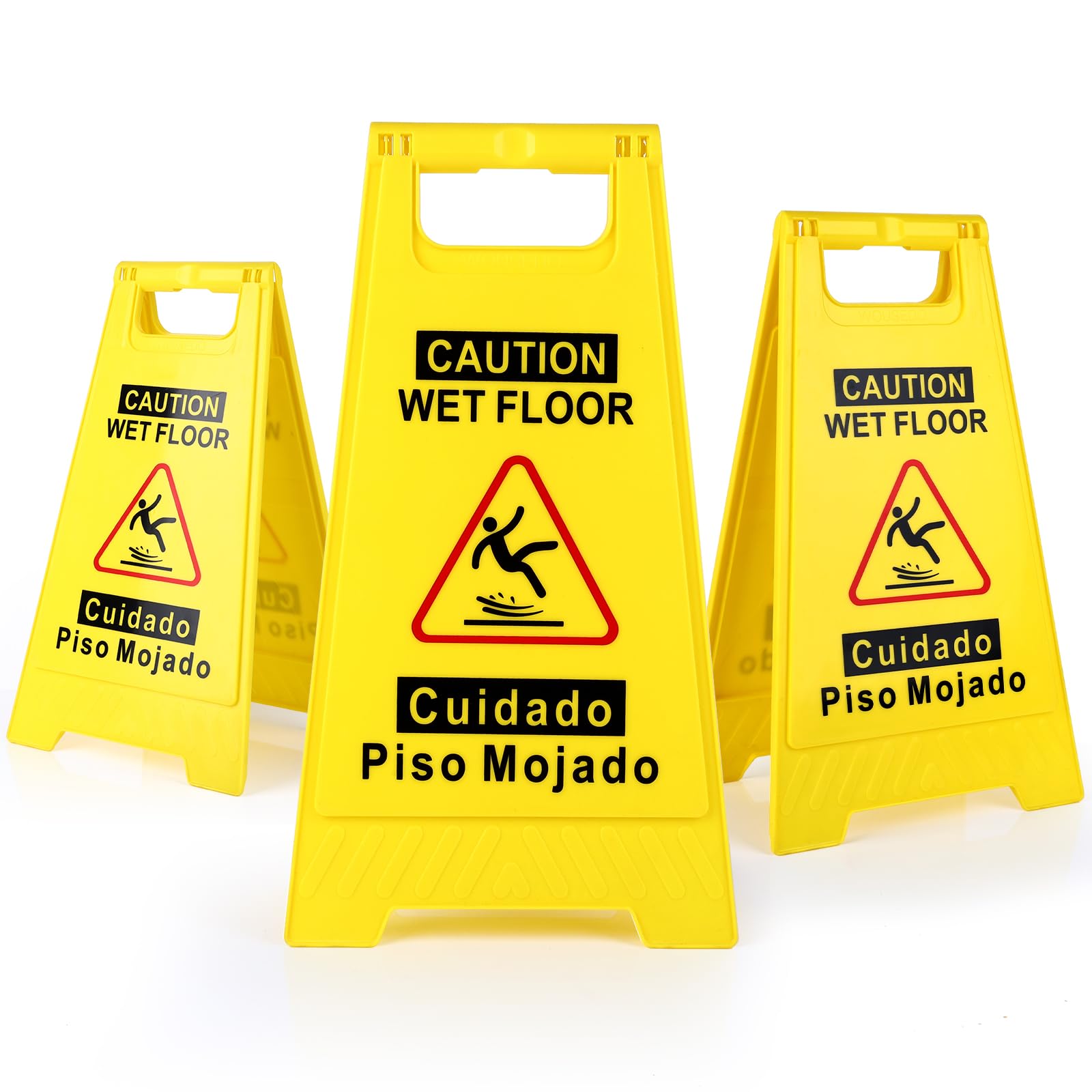 3-Pack Caution Wet Floor Sign,17.5" Height,Bright Yellow Double-Sided Folding A-Shaped Frame Design, Bilingual Caution Message