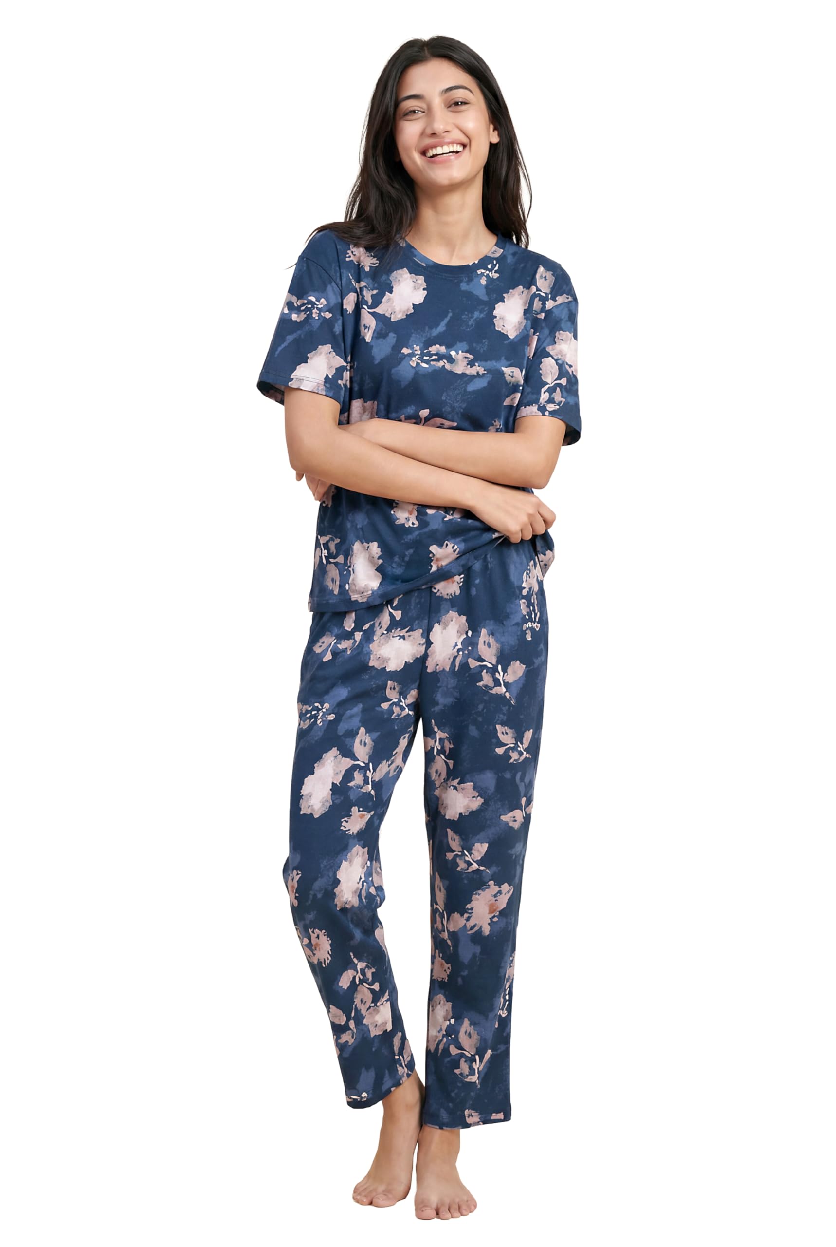 juliana dream Womens Cotton Nightsuit Set | Floral Printed | Half Sleeve Round Neck Oversized T Shirt with Pyjama | Comfortable Sleepwear Loungewear Night Suit for Women-picture-51