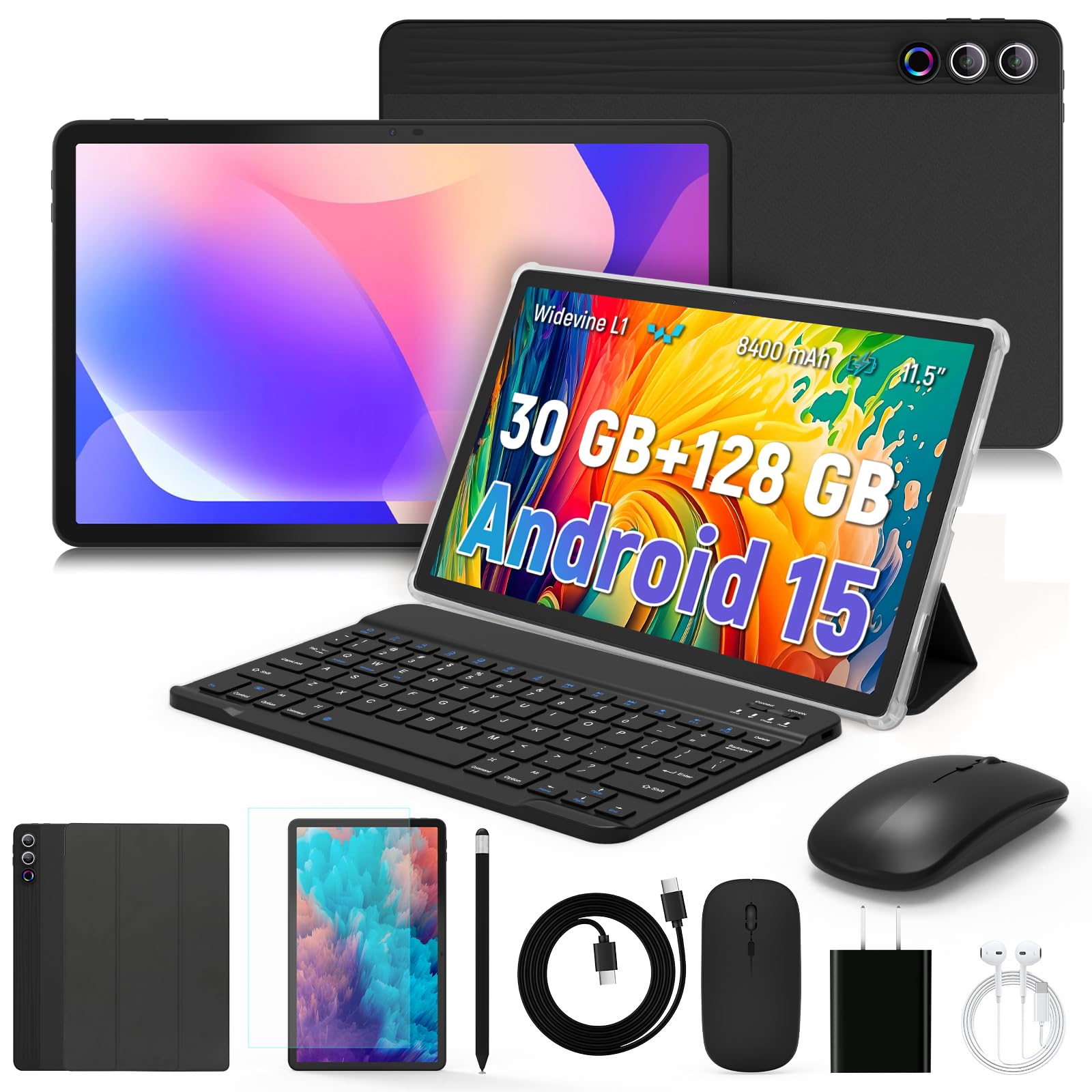 Tablet 11.5 inch Tablets Android 15, Octa-Core Processor, 30GB RAM 128GB ROM 1TB Expand, 5G WiFi 6, 2000 x 1200 HD/Dual 8MP+13MP Camera/Bluetooth 5.0, Android Tablet with Keyboard Mouse Case