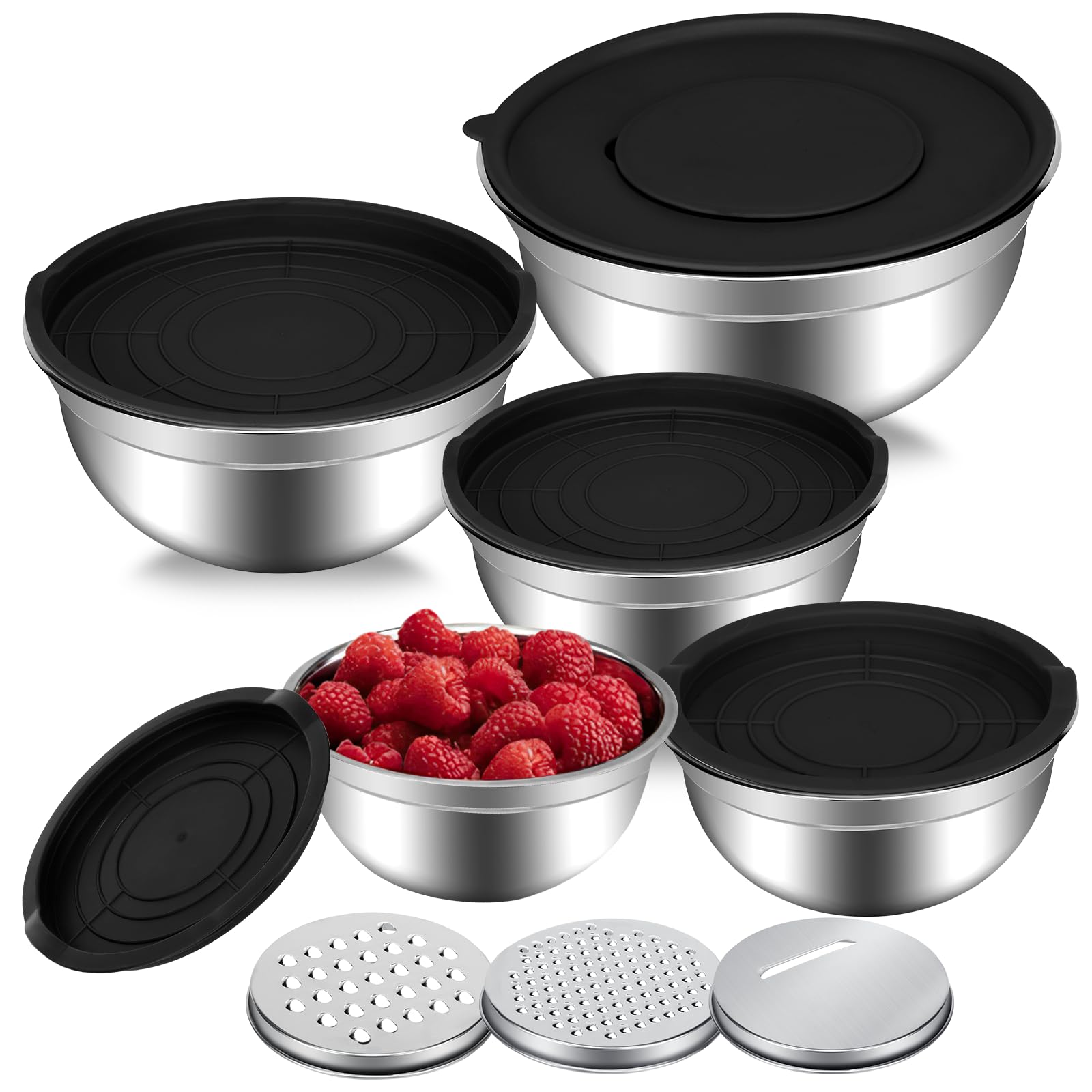 Pavlleen Set 5 Pezzi Ciotole in Acciaio Inox da Cucina, Ciotola Insalatiera-0.7L-1.1L-1.6L-3.6L-4.5L, Ciotole per miscelazione in Acciaio Inox con coperchi ermetico, per Lavorare e Conservare Alimenti