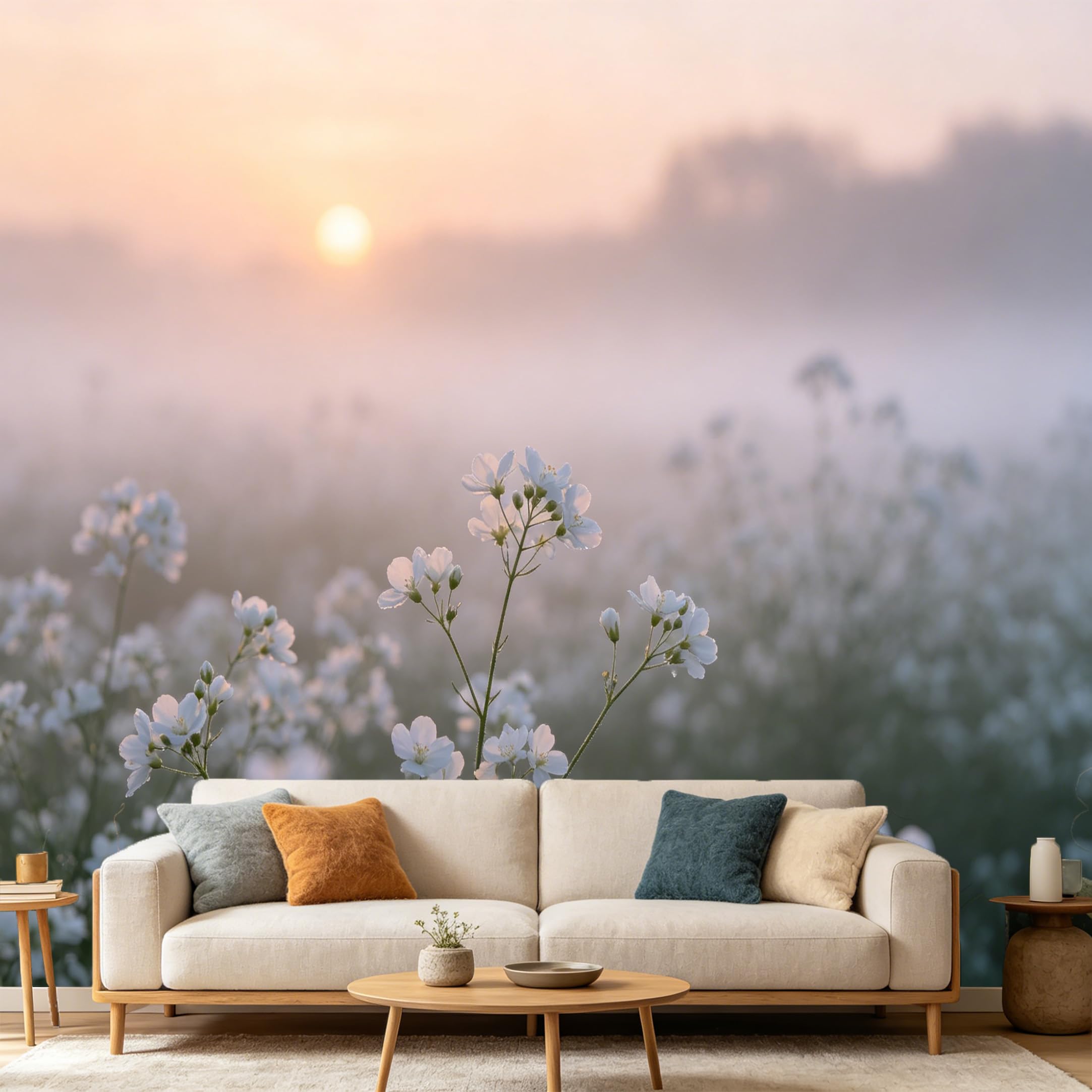 Custom Size Wall Mural Morning Mist White Flower Field Sunrise Landscape Nature Photography SelfAdhesive Art Prints wall Fabric（No PVC） Removable Wallpaper Home Bedroom Decor