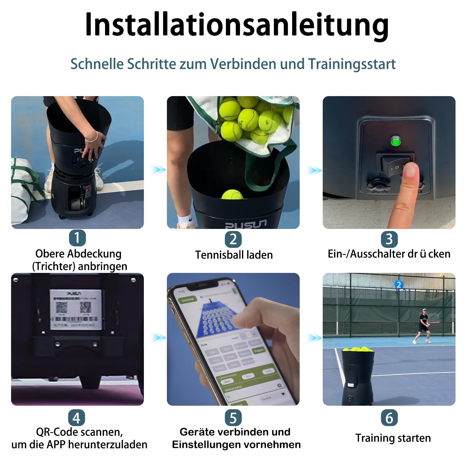 PUSUN PT-MINIPro Tragbare Tennisballmaschine - Leichte Indoor-Tennismaschine mit APP-Steuerung, 65-Ball-Kapazität & Lehrsystem, Intelligenter Tennistrainer für Schulen (3-5 Stunden Akku)