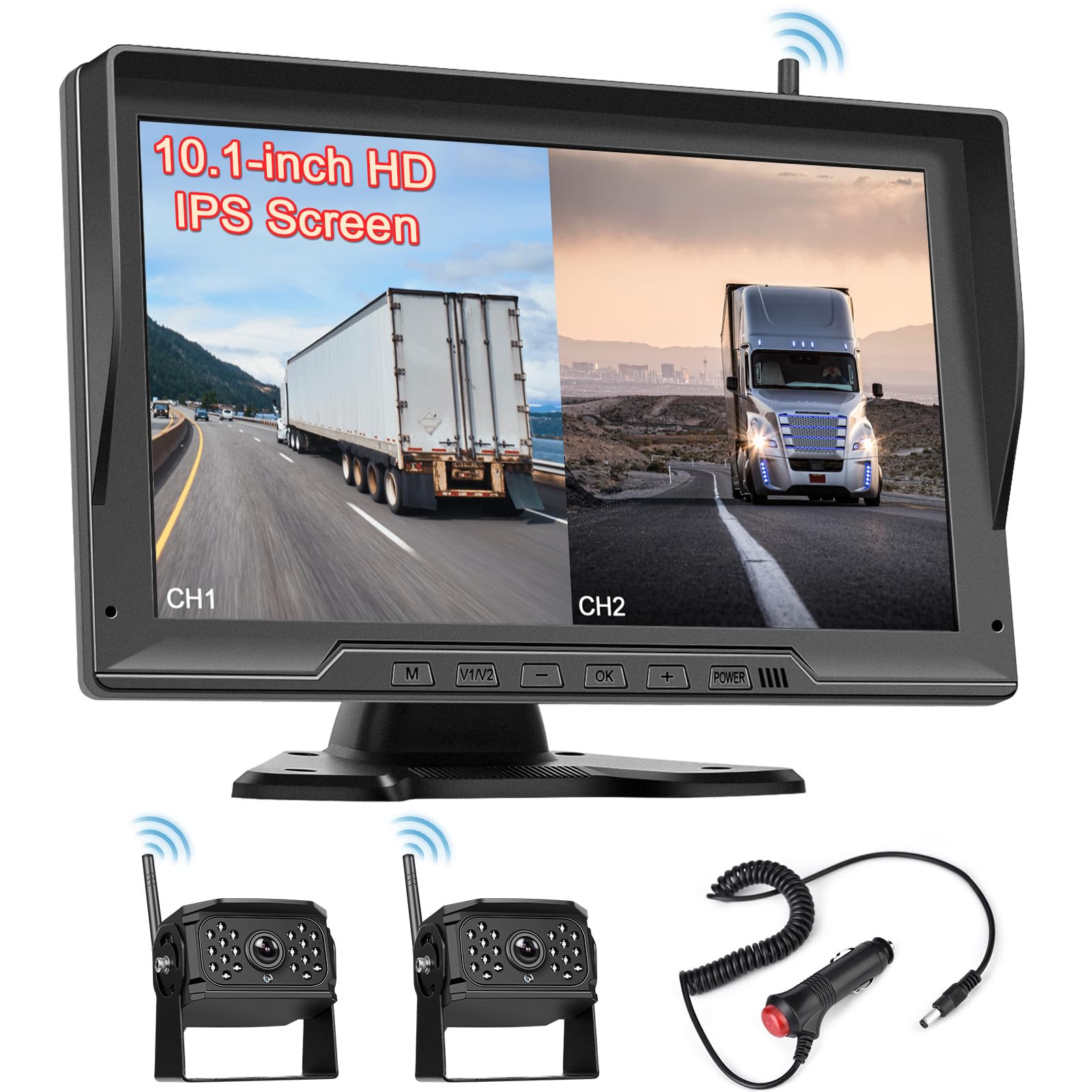 Hikity Kit Telecamera Retromarcia Wireless 10" Schermo IPS 2 Cam IP68 | Segnale Digitale Stabile, Visione Notturna, 12-24V, per Camper, Camion