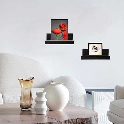Miniatura 4 de Z metnal Estantes flotantes pequeños, estante de pared de madera natural para repisa de fotos, negro, montado en la pared, 8 x 5.5 pulgadas, 2
