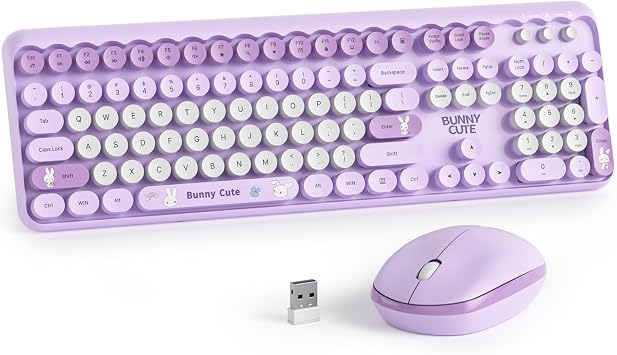 Purple Colorful Wireless Keyboard and Mouse Combo Set, 2.4GHz Cute Typewriter Keyboard with Round Keycaps, Full Size Keyboard with Number Pad, Home and Office Silent Keyboards Purple