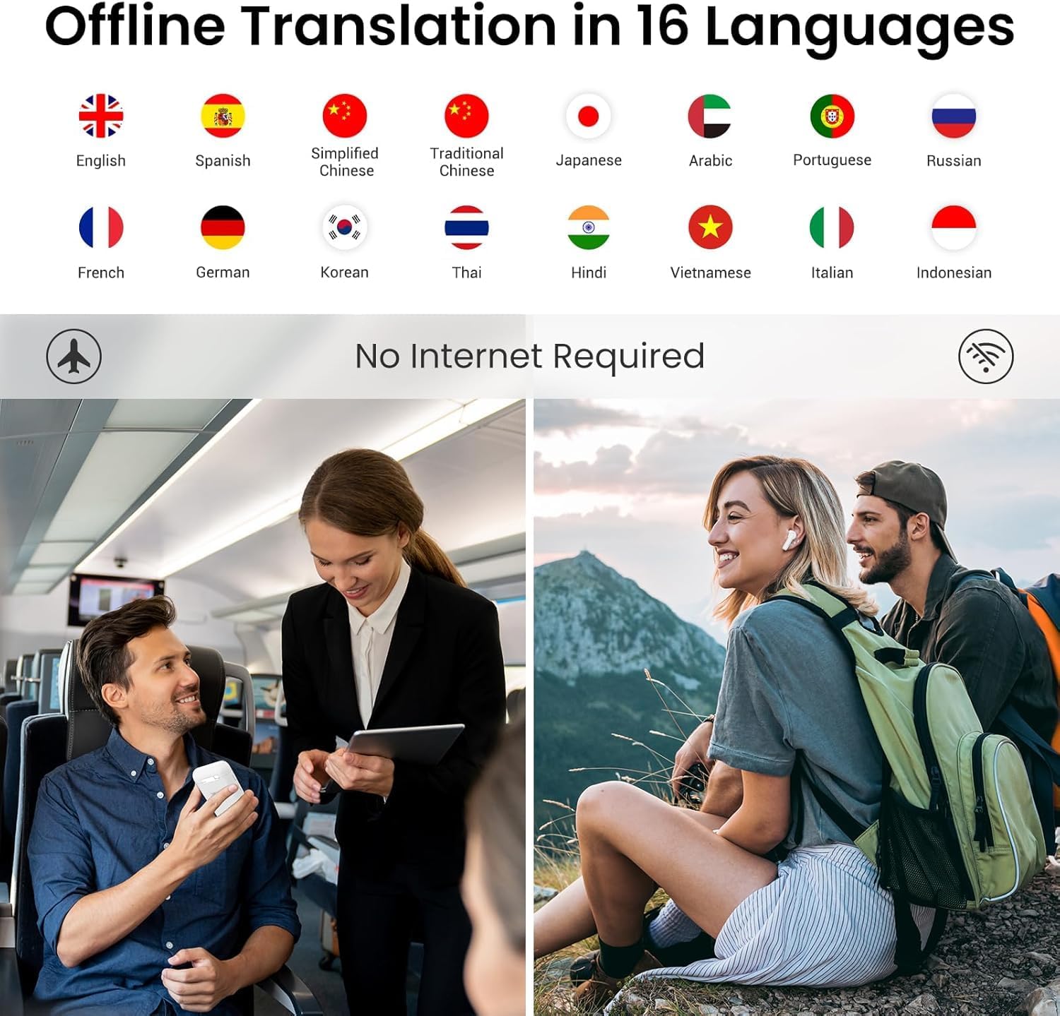 Icons of flags representing 16 offline languages, with two scenarios: people communicating on a train and people hiking.
