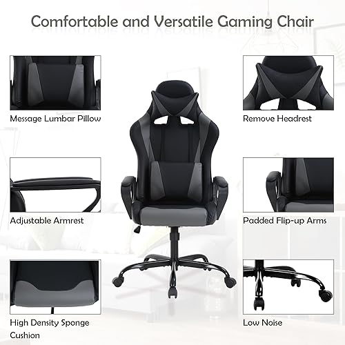 Miniatura 5 de Silla de juegos, respaldo alto, de piel sintética, silla de computadora con reposabrazos, reposacabezas y soporte lumbar para niños, adolescentes,