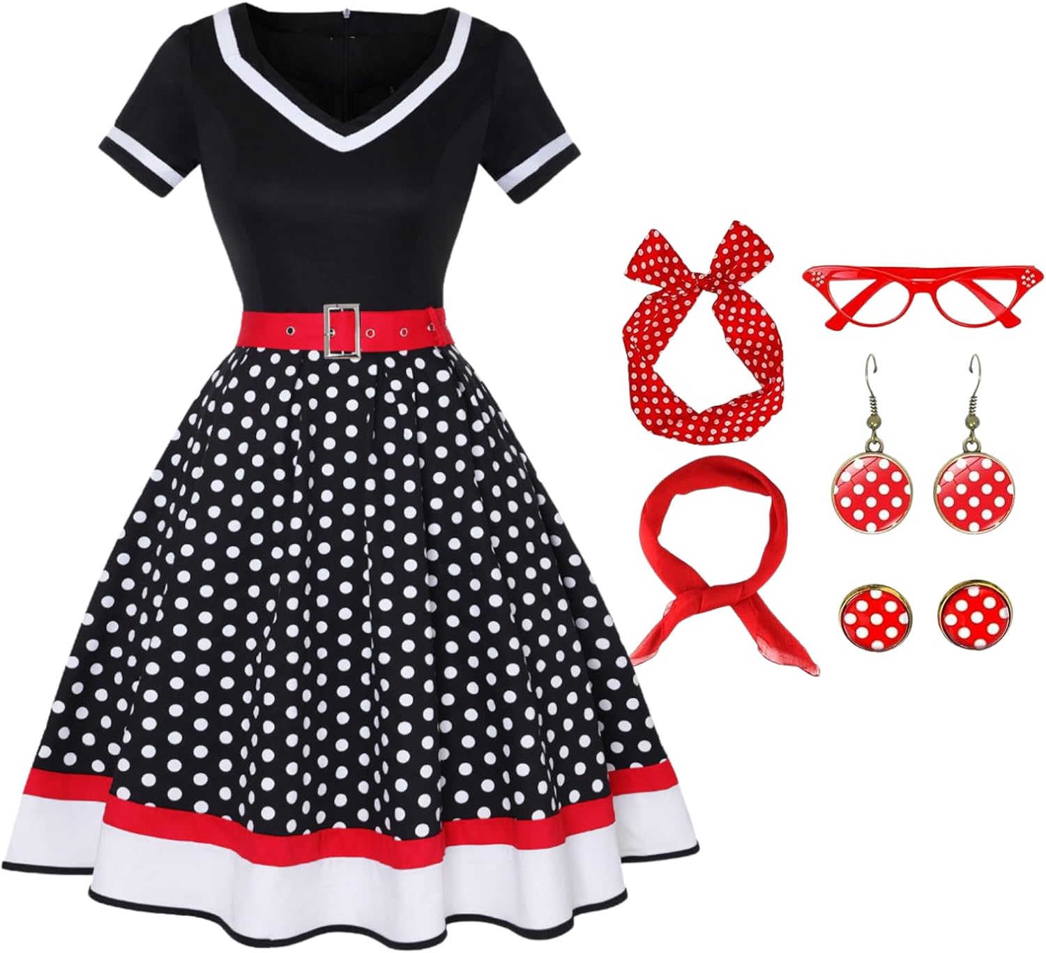 Colorful House Female Adult 1950s Vintage Costumes with Accessories Scarf Headbands Earrings Glasses 7 PCS