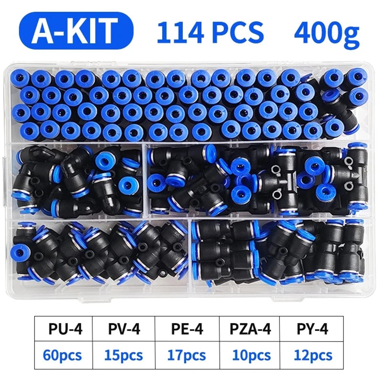 Zestaw szybkozłączek pneumatycznych do węży powietrznych, 114 sztuk/pudełko, 4 mm, PU-4/PE-4/PZA-4/PY-4/PV-4/PG-4(1 BOX)