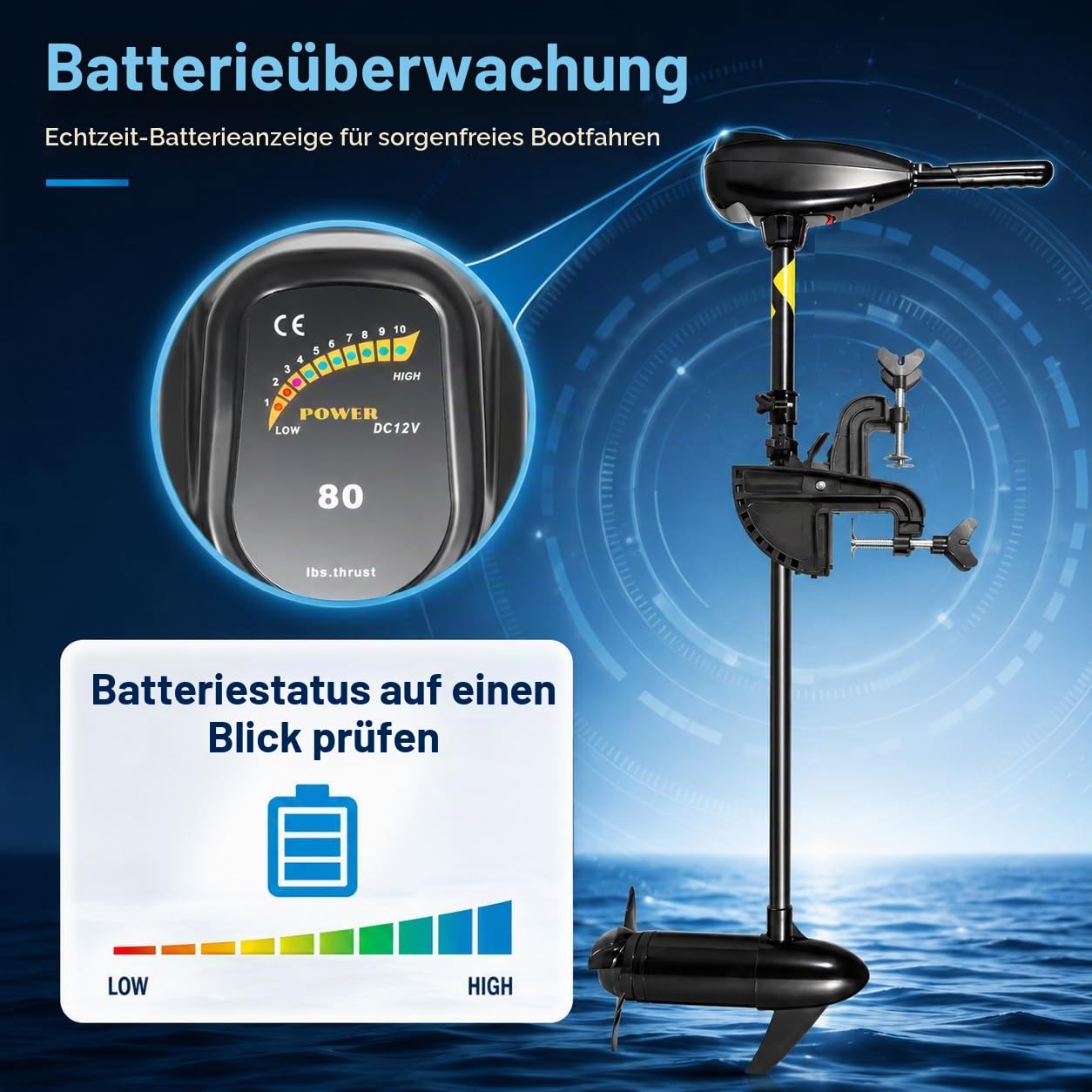 Elektro Außenborder 55 lbs, 12V, 5 Vorwärts-/3 Rückwärtsgänge | 626 W Kupfermotor | 5/3 Gänge | Batterieanzeige | Teleskopgriff 45-56 cm | Klemmhalterung | Schutzring-Propeller