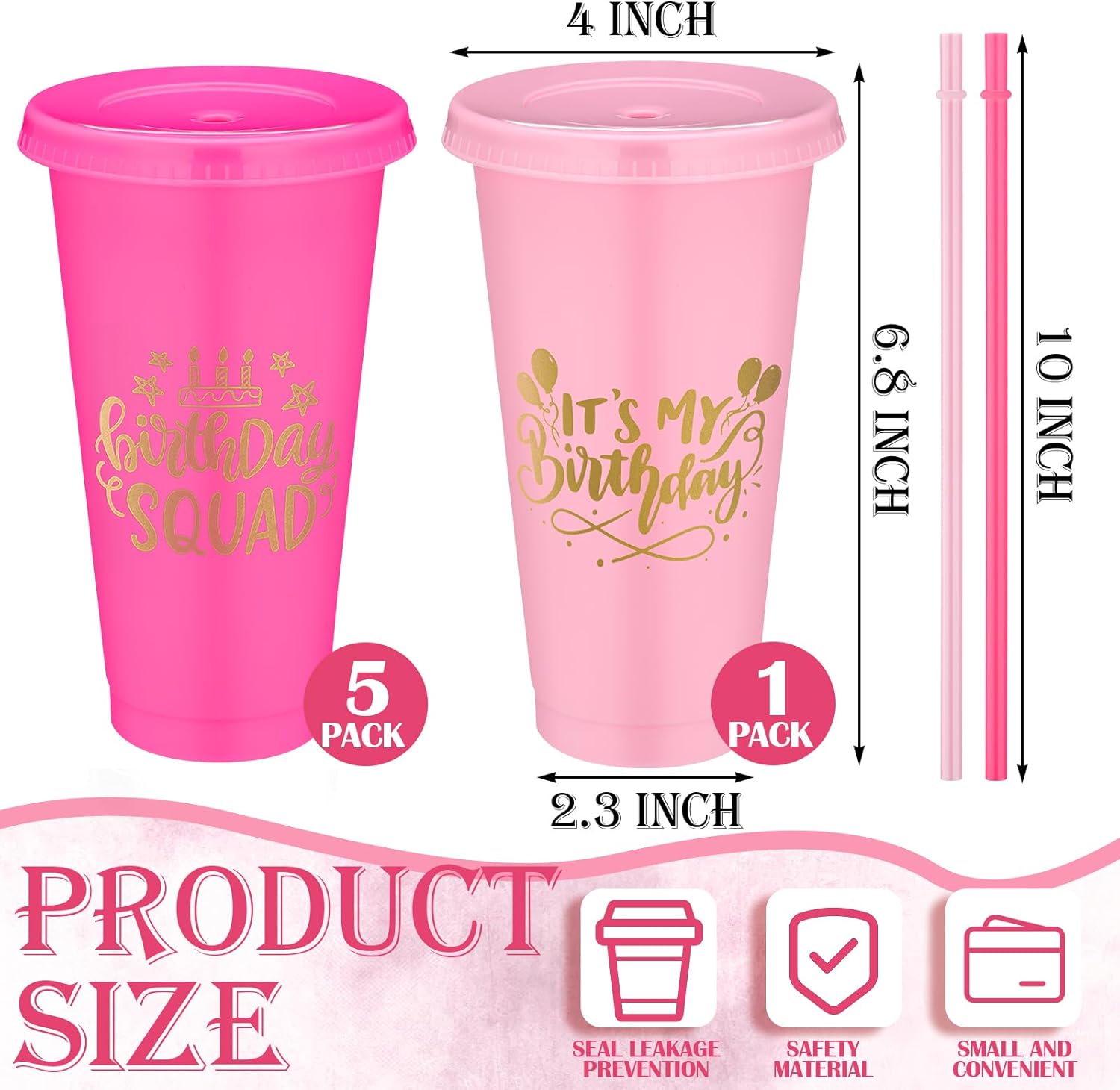 Birthday Party Tumblers 24 oz Squad Plastic Tumblers with Lid and Straw for 20th 30th 40th 50th 60th Birthday Decorations Favor for Women Adults(Pink, Rose Red,6 Pcs) - Image 2