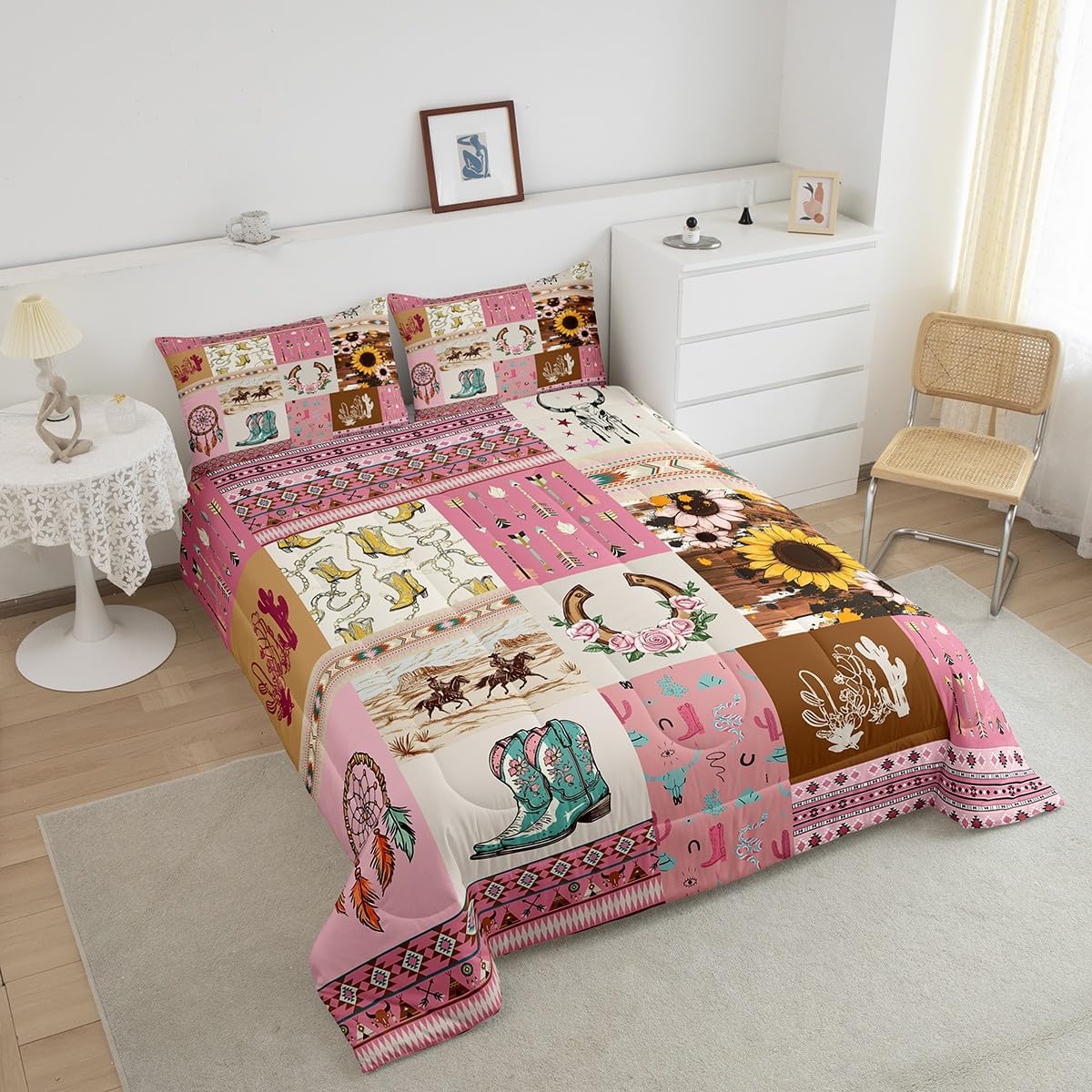 Erosebridal Pink Western Bedding Wild Desert Boho Arrow Print Comforter Set, Dreamcatcher Sunflower Decorations Twin Size Bedding Set for Lady Women Cowgirl Horseshoe Aztec Grid Quilt 2Pcs