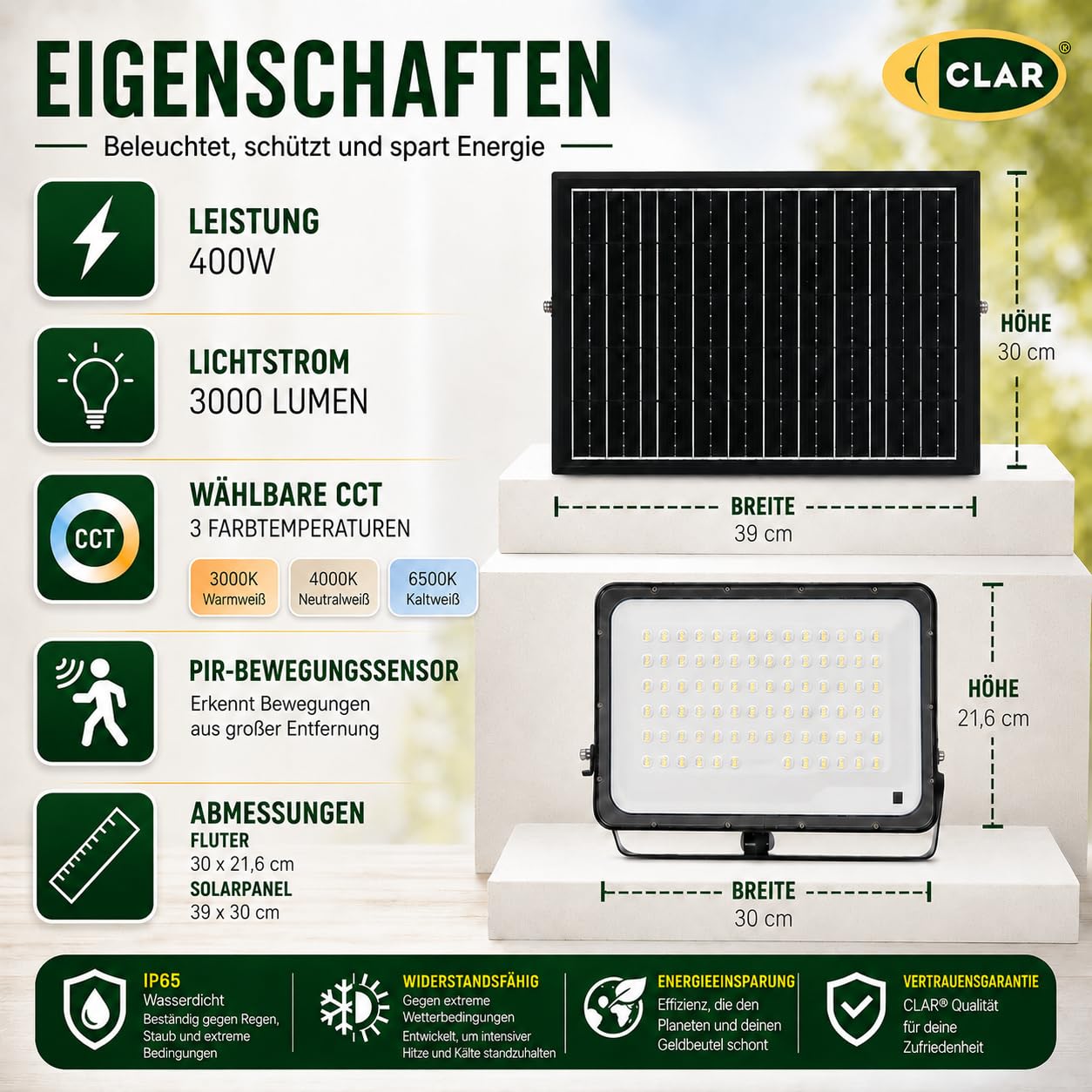 CLAR - Solarstrahler für Außen, Solar LED Strahler, Solarlampen für Außen Ohne Bewegungsmelder, Solar Scheinwerfer für Außen, Solar Flutlicht, Solarlampe Ohne Bewegungsmelder, 400W (Pack 1)