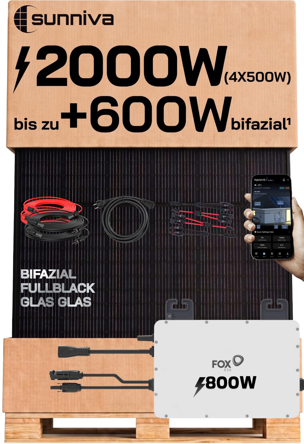 SUNNIVA 2000W Balkonkraftwerk BIFAZIAL FULLBLACK komplett Steckdose FOXESS 800W Wechselrichter, PV Solaranlage, 4x 500W Glas Solarmodule, inkl. 5m Kabel, Bluetooth WIFI, Komplettset