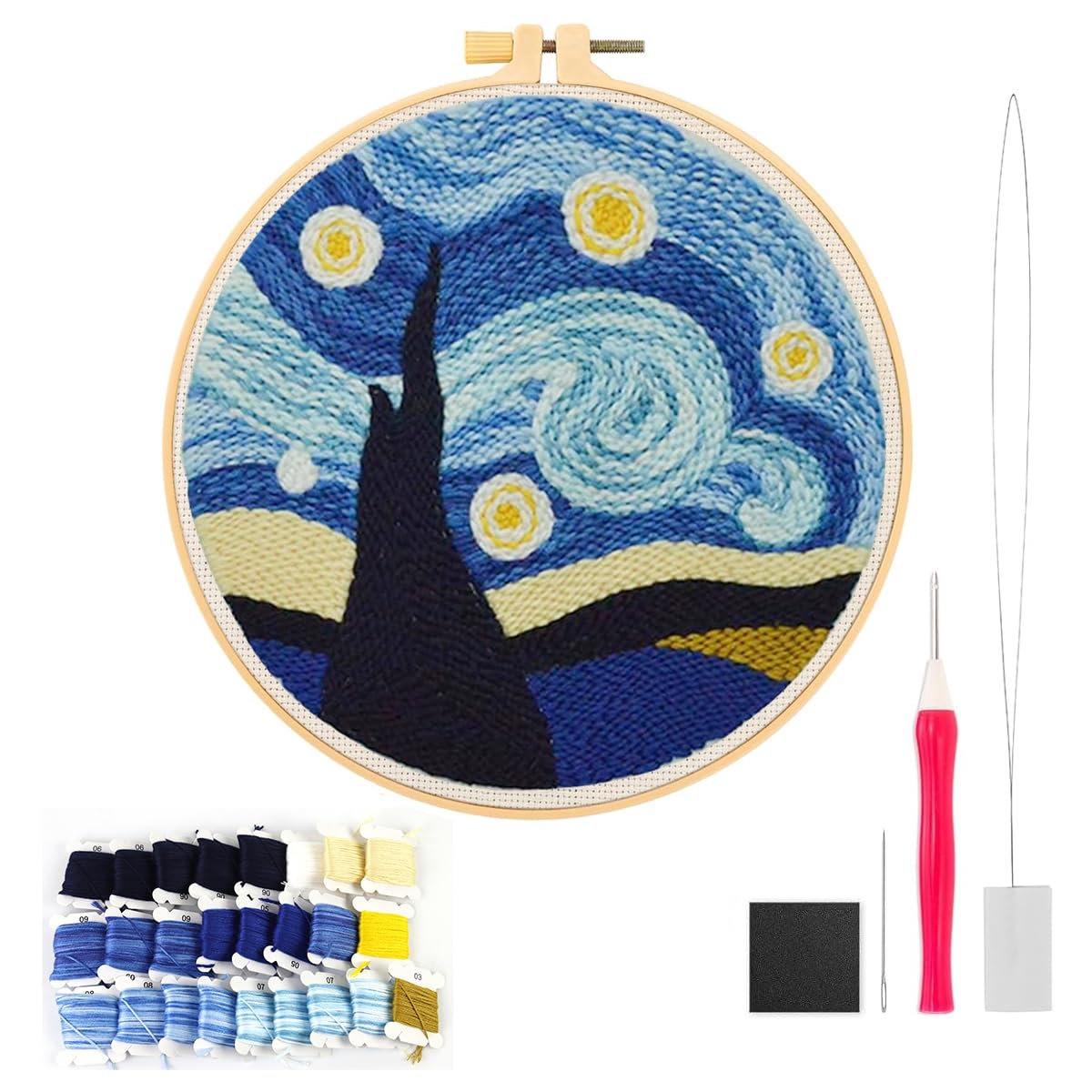 patpat PATPAT® DIY Punch Needle Art Kit Beginners DIY Starry Night Punch Needle Art with Embroidery Punch Needles, Tutorial, 20x20cm Embroidery Hoop, DIY Art Gift for Kids Adults Children's Day Art Gift-picture-4
