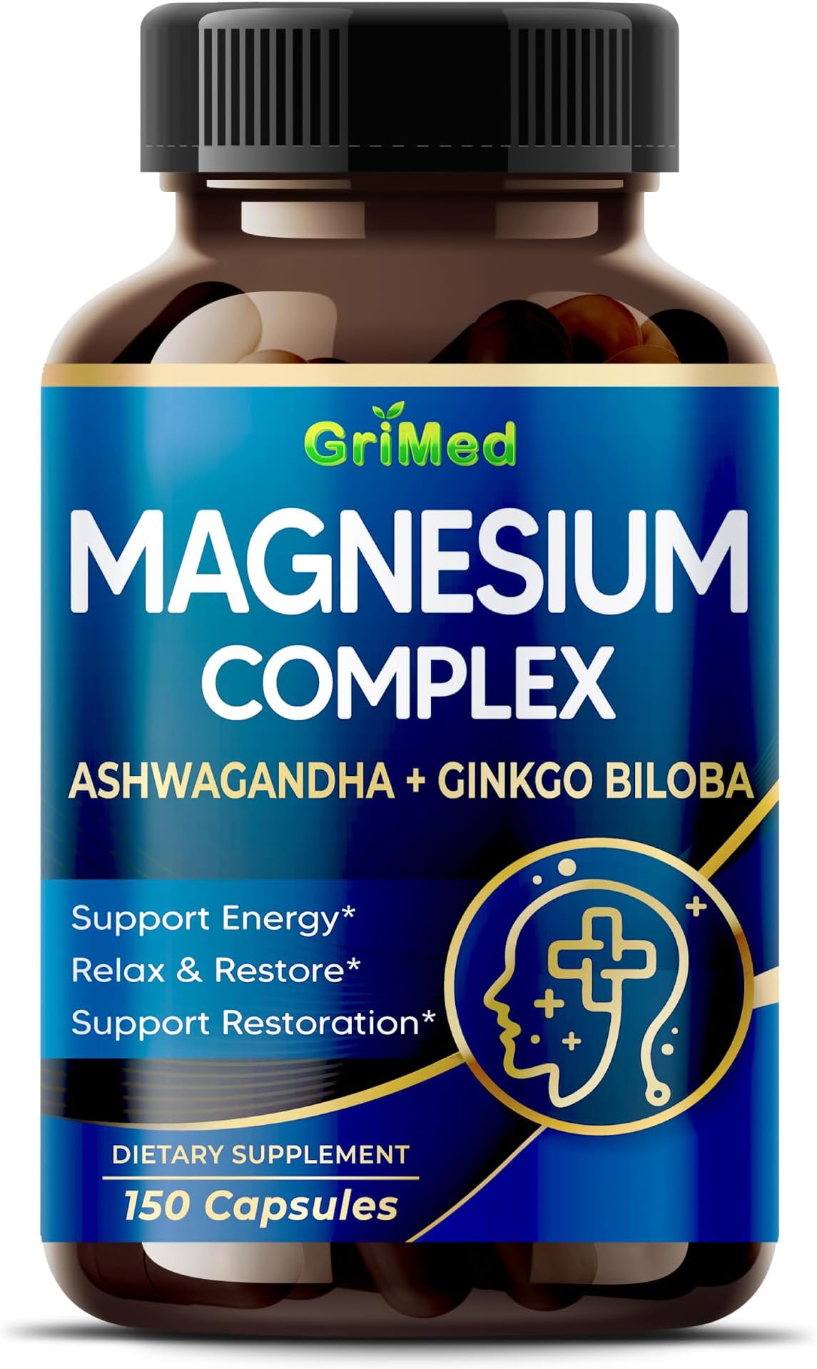 GriMed Magnesium Complex Capsules with Ashwagandha, Ginkgo Biloba & Black Pepper, Relaxation and Daily Wellness Support, 150 Count