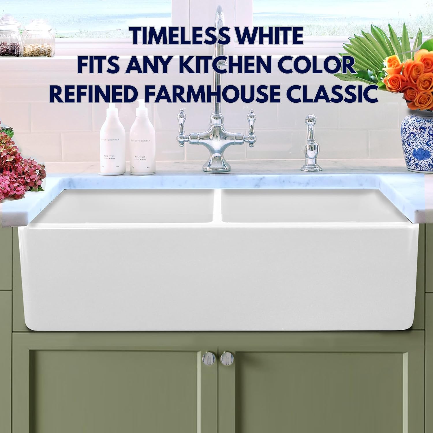 Nantucket Sinks T-FCFS-33-DBL 33-Inch Double Equal Fireclay Farmhouse Kitchen Sink, White