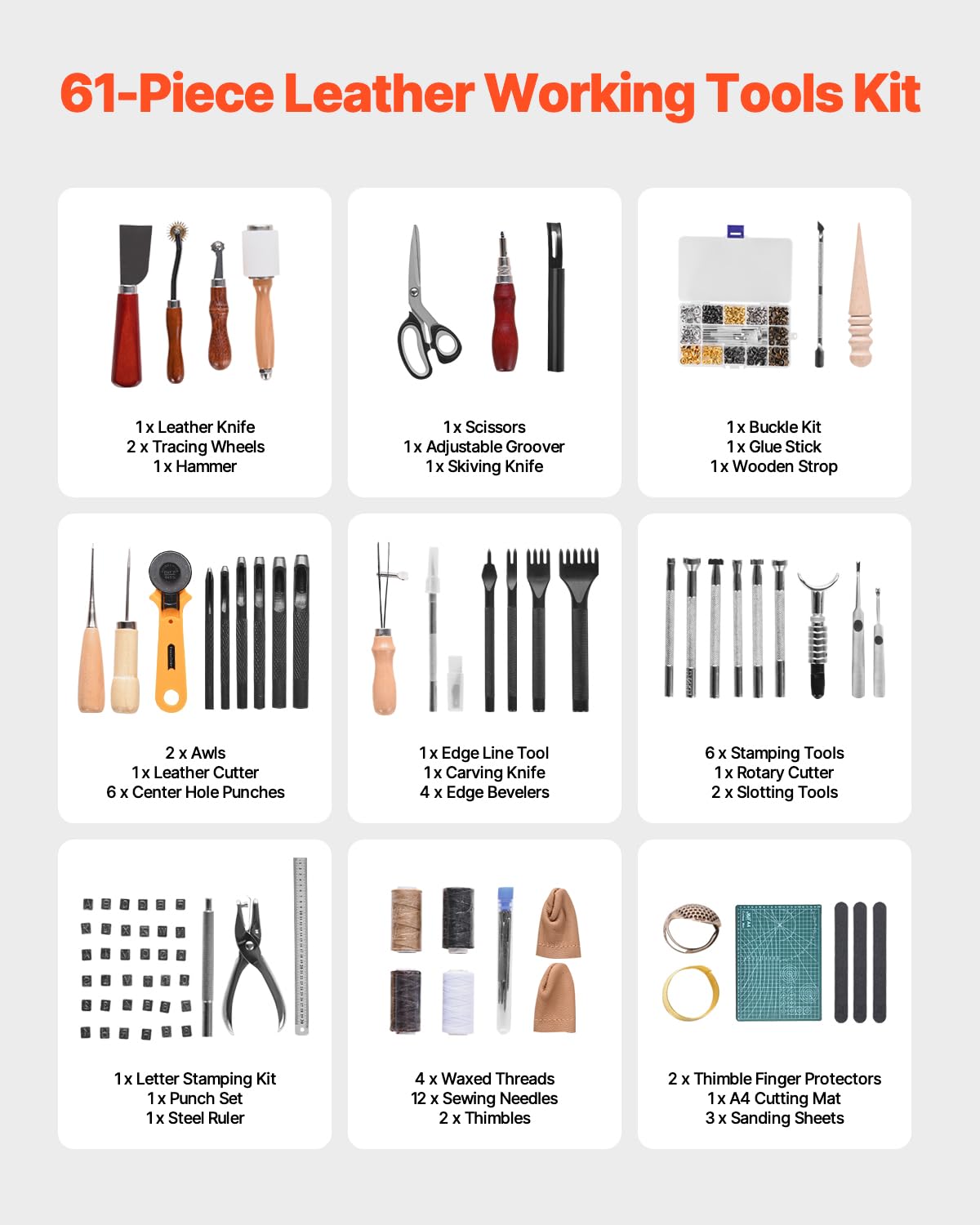 VEVOR 61 Piezas Kit de Herramientas para Trabajar el Cuero con Bolsa de Lona Portátil, Herramientas de Corte para Estampación, Costura y Grabado, para Principiantes, Entusiastas del Bricolaje