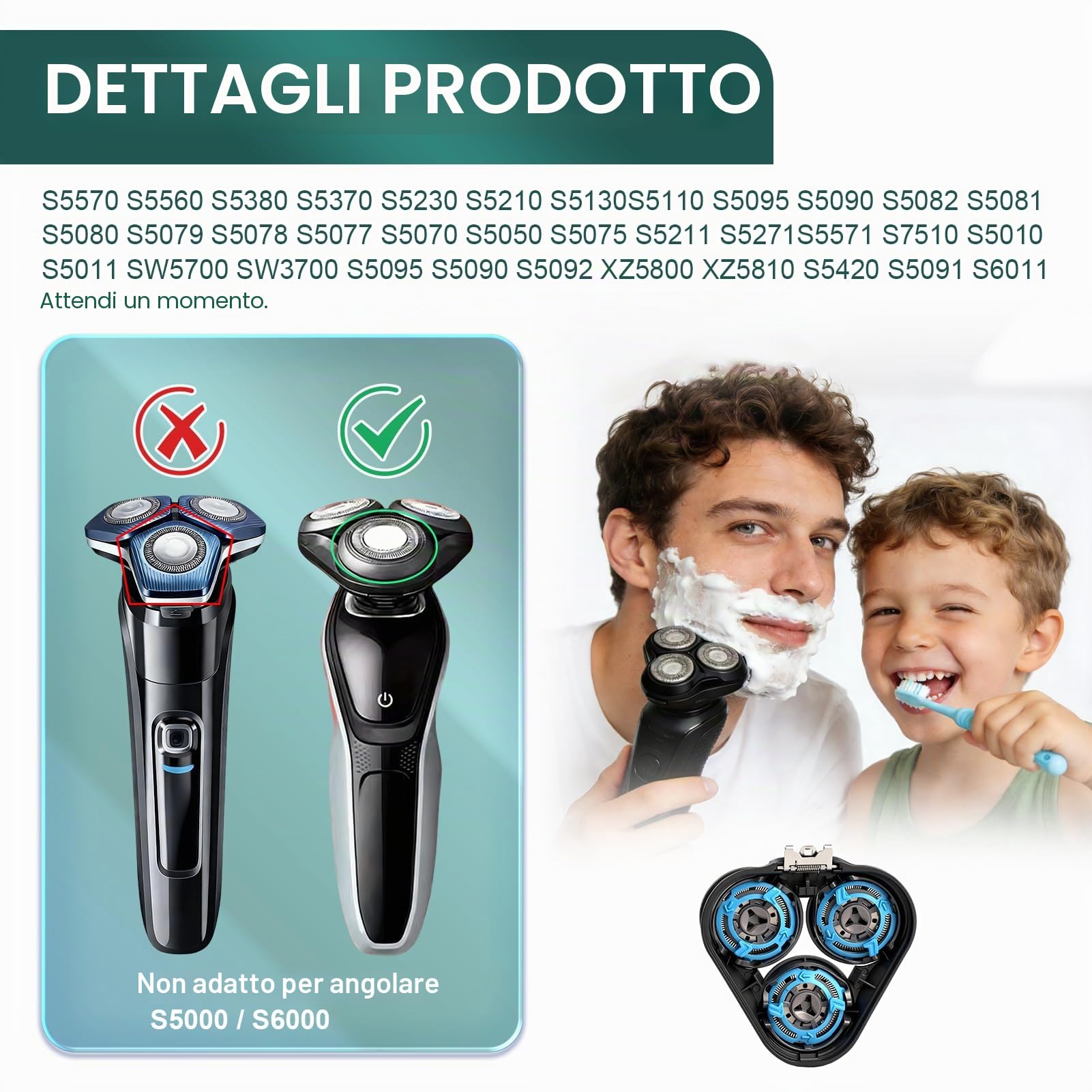 Testine di ricambio SH50/52 per rasoio compatibile con Philips Serie 5000, ricambio di lame lavabili per S5000, compatibile con modelli rotondi, rasatura morbida e precisa, esclude la custodia P