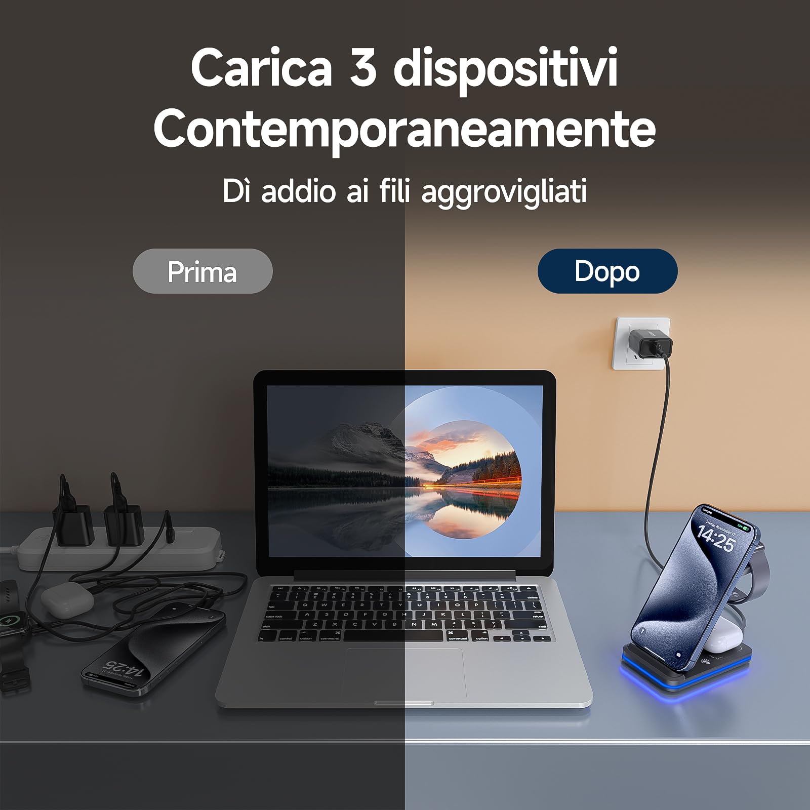 3 in 1 Stazione Ricarica per iPhone 17/16/15/14/13/12/XS/X/8 serie,MANKIW Caricabatterie Wireless per i-Watch 11-2 serie, per Air Pods 3/4/Pro 2