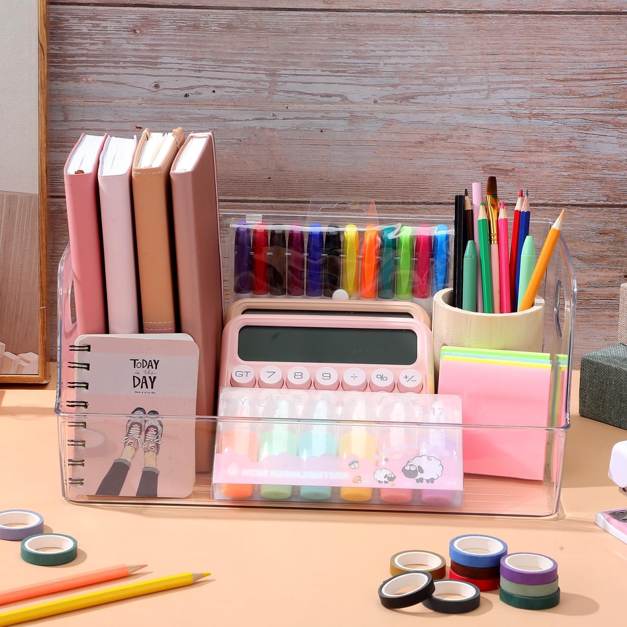 NUOBESTY Clear Book Storage Box with Handle 13.4X8.5X5.9 Inch Plastic Organizer for Classroom Office Children S Books and Stationery Storage