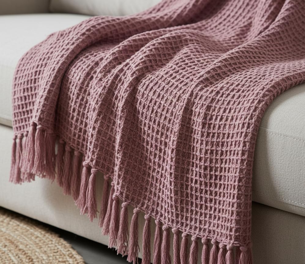 Image of 100% Cotton Waffle Weave Sofa Throw Blanket 50x60 Inches or 125x150 cms Lightweight, Soft & Breathable Couch, Bed or Chair Throw Blanket for Living or Bedroom, Onion