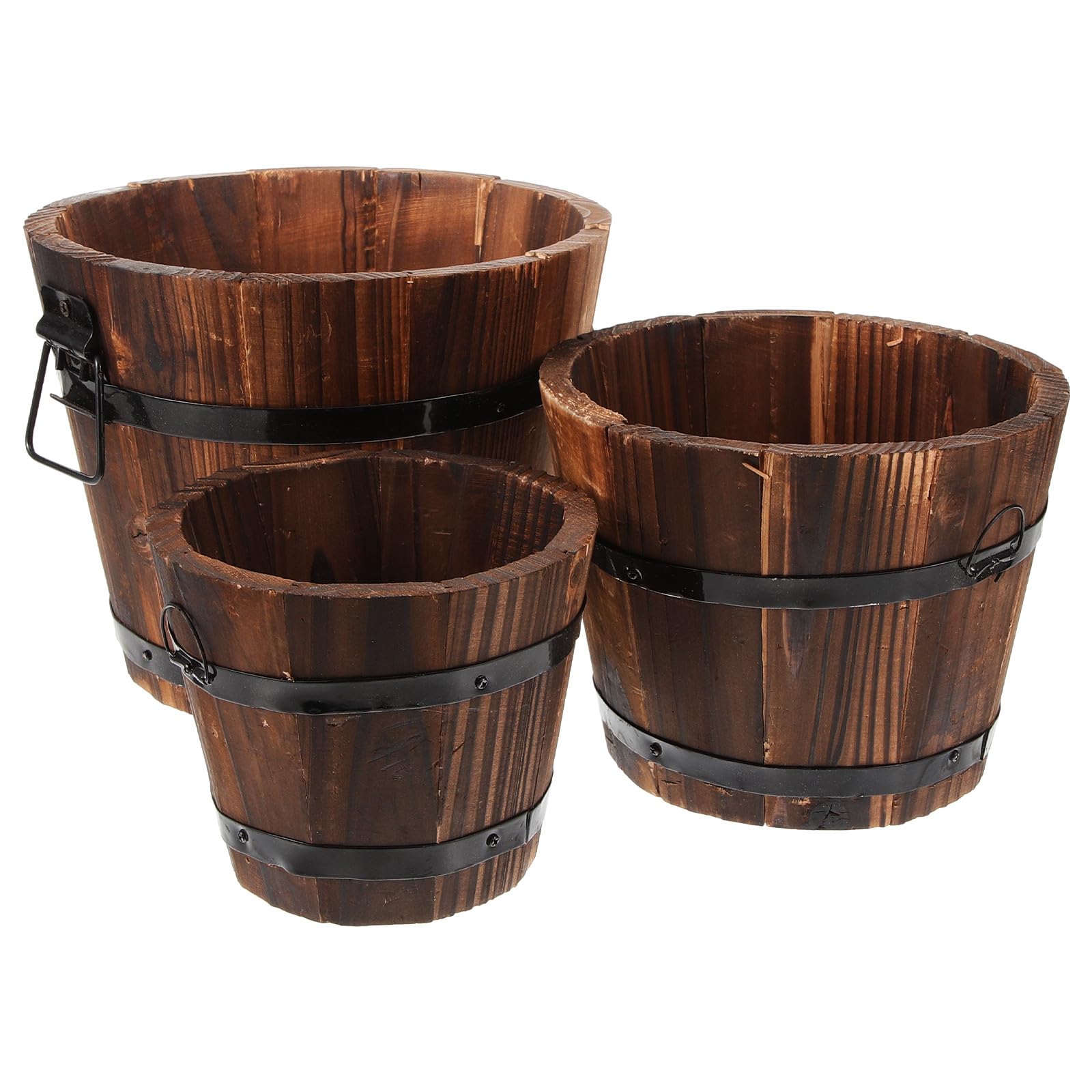 Pots de fleurs lot de 3 style tonneau en bois massif marron vintage pour jardin