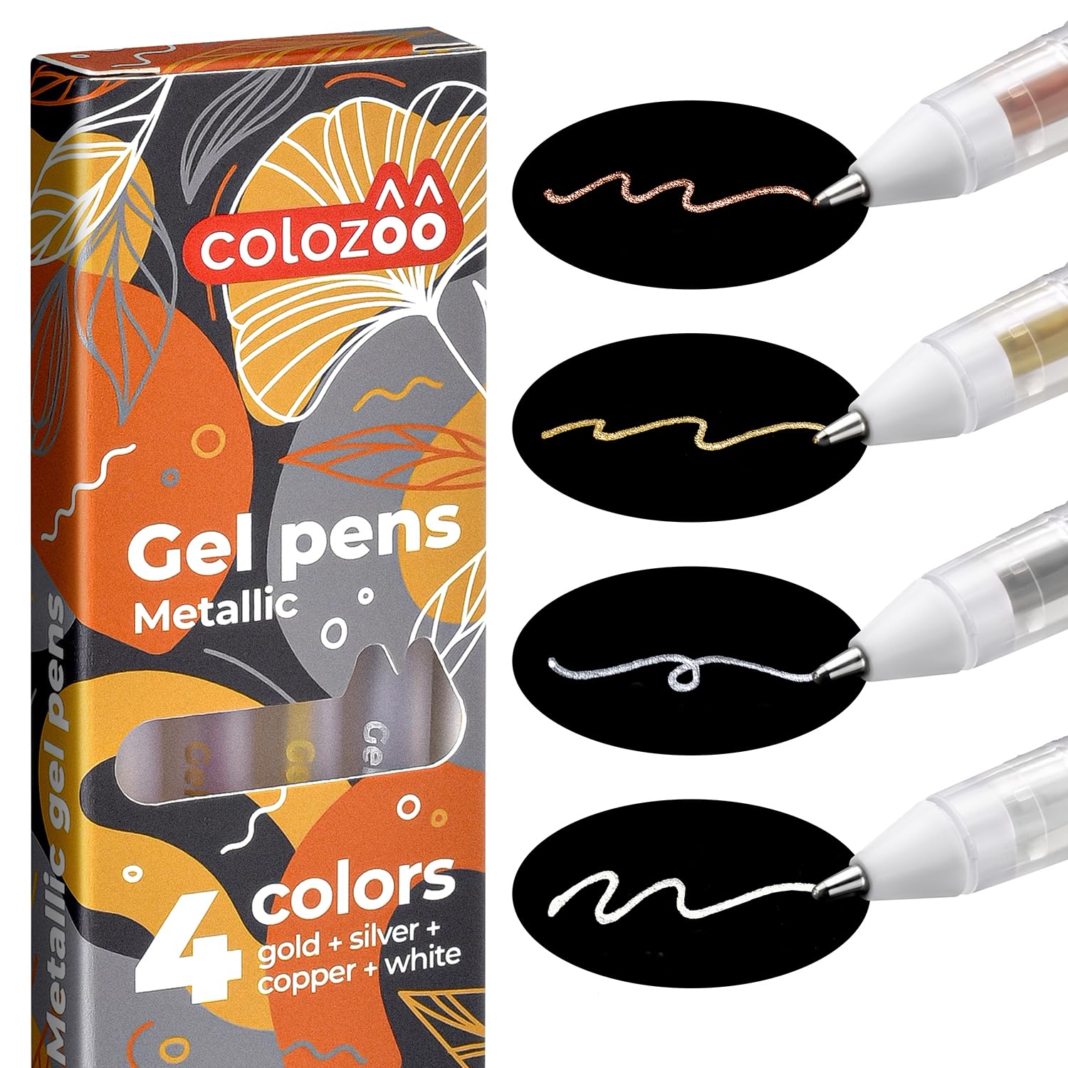 colozoo Juego de 4 bolígrafos de gel metálicos de 0,8 mm | Estéticos para papel negro y de color | de bola de secado rápido para dibujo incl. colores dorado, plateado, cobre y blanco